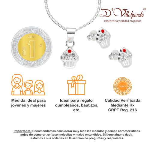 LPADJ020 Set Aretes + Dije + Cadena Cup Cake Cherry en Plata Ley .925 2778911724