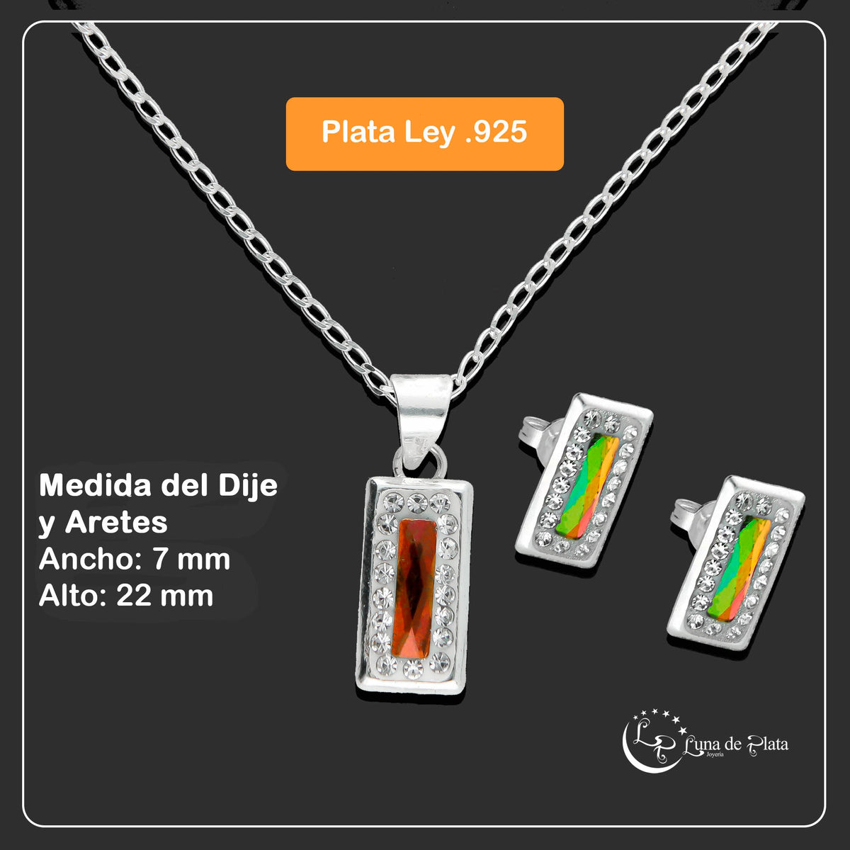 LPADJ022 Set Aretes + Dije + Cadena Rectangulo Tornasol OB en Plata Ley .925 1999628515