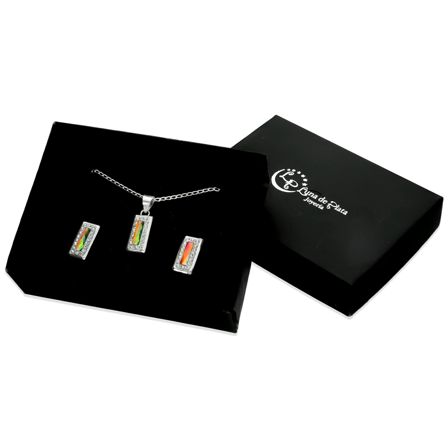 LPADJ022 Set Aretes + Dije + Cadena Rectangulo Tornasol OB en Plata Ley .925 1999628515