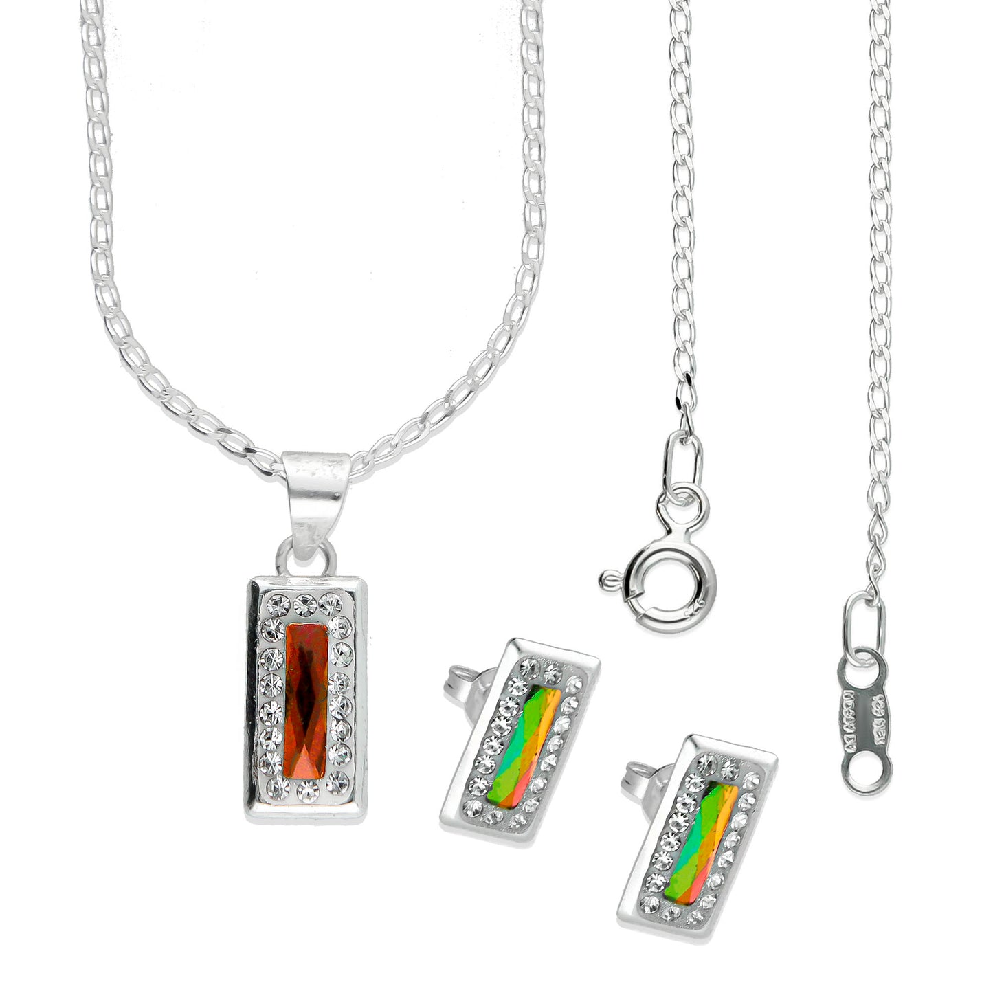 LPADJ022 Set Aretes + Dije + Cadena Rectangulo Tornasol OB en Plata Ley .925 1999628515