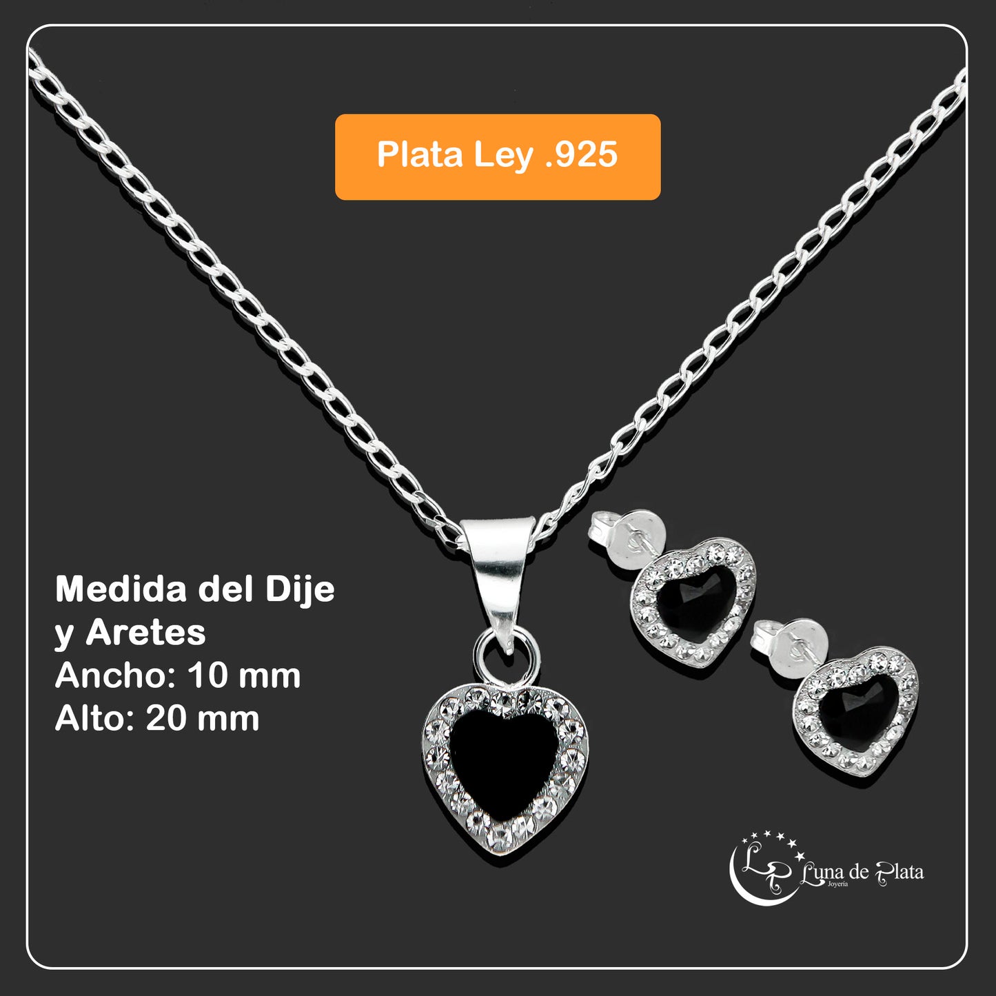 LPADJ023 Set Aretes + Dije + Cadena Cristales Corazón OB en Plata Ley .925 1999640721