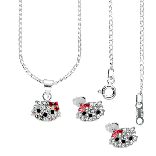 LPADJ024 Set Aretes + Dije + Cadena Kitty Crist Chica en Plata Ley .925 1999642387