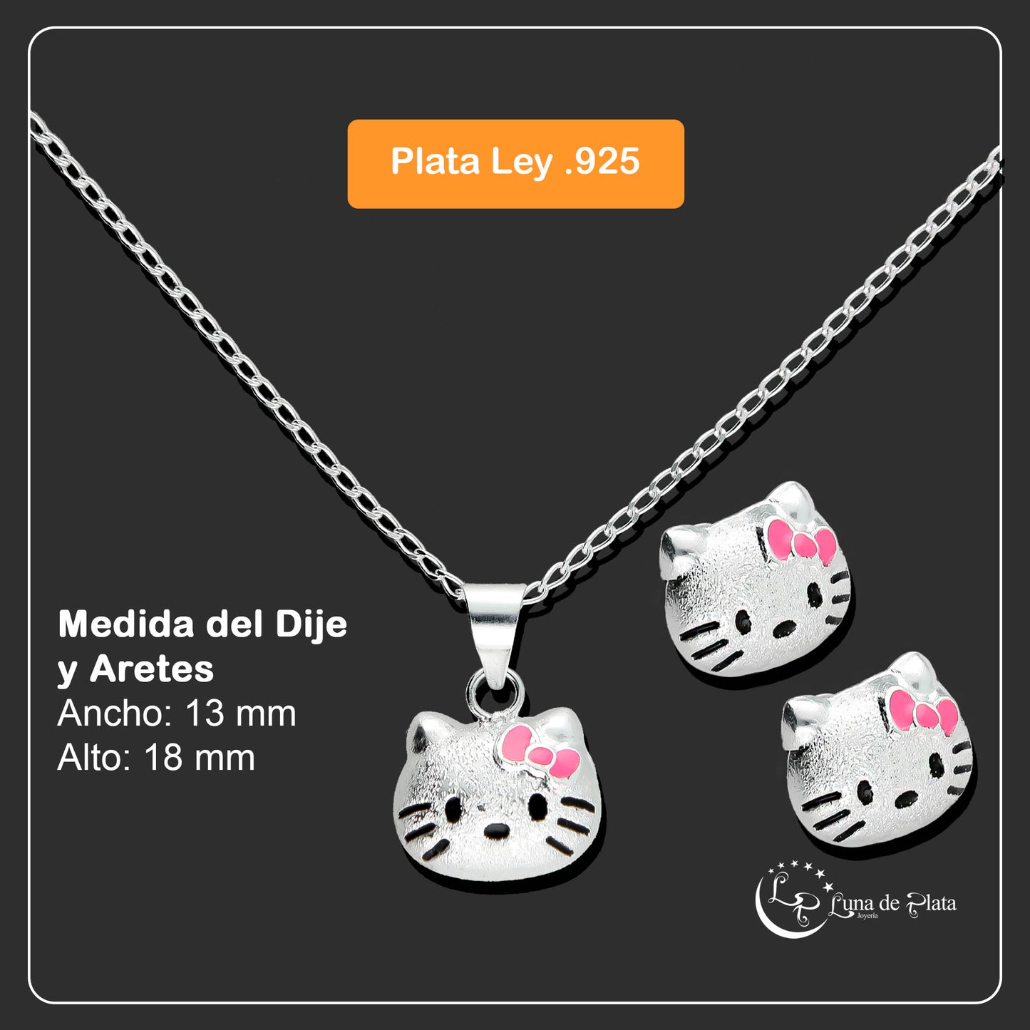 LPADJ025 Set Aretes + Dije + Cadena Kitty en Plata Ley .925 2780554348