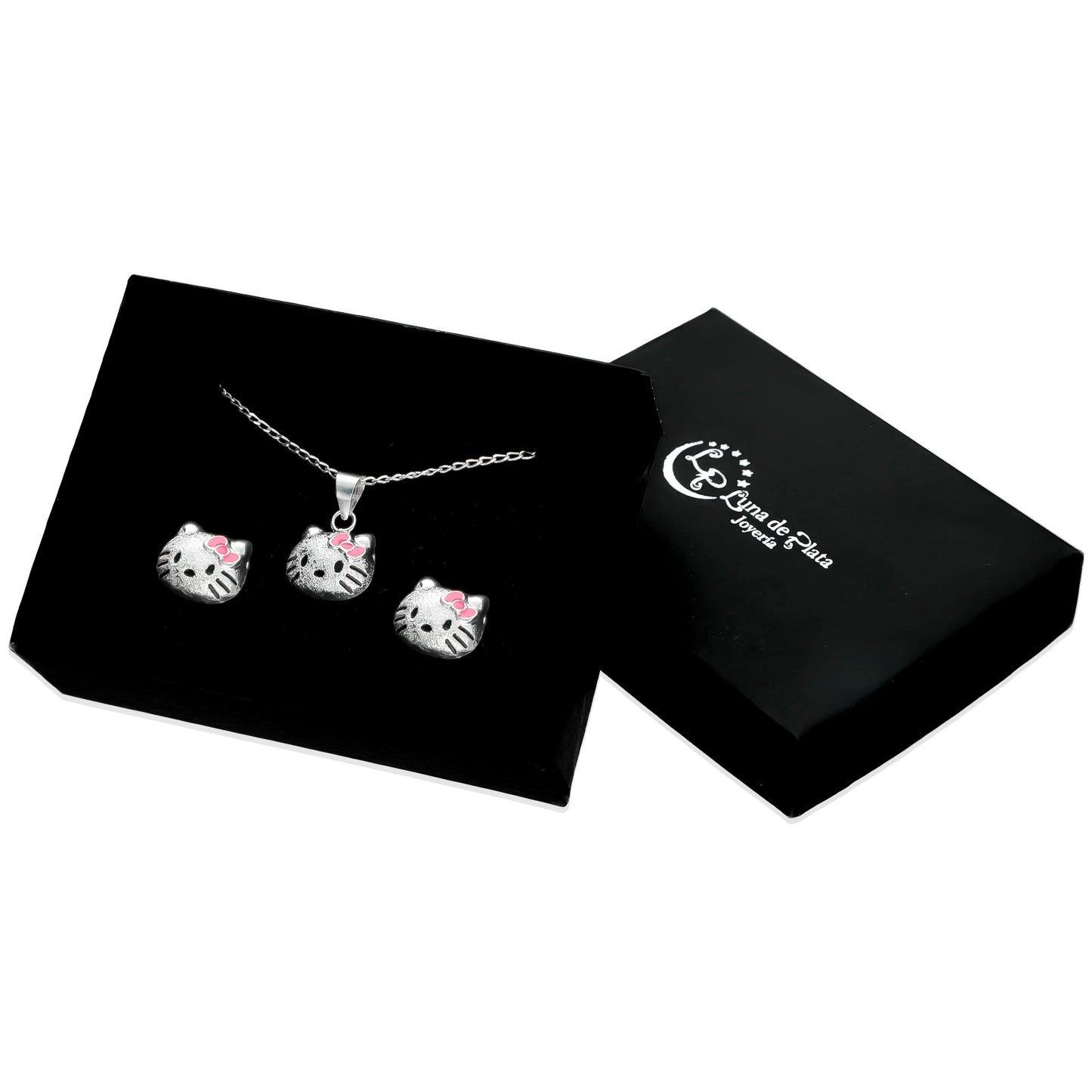 LPADJ025 Set Aretes + Dije + Cadena Kitty en Plata Ley .925 2780554348