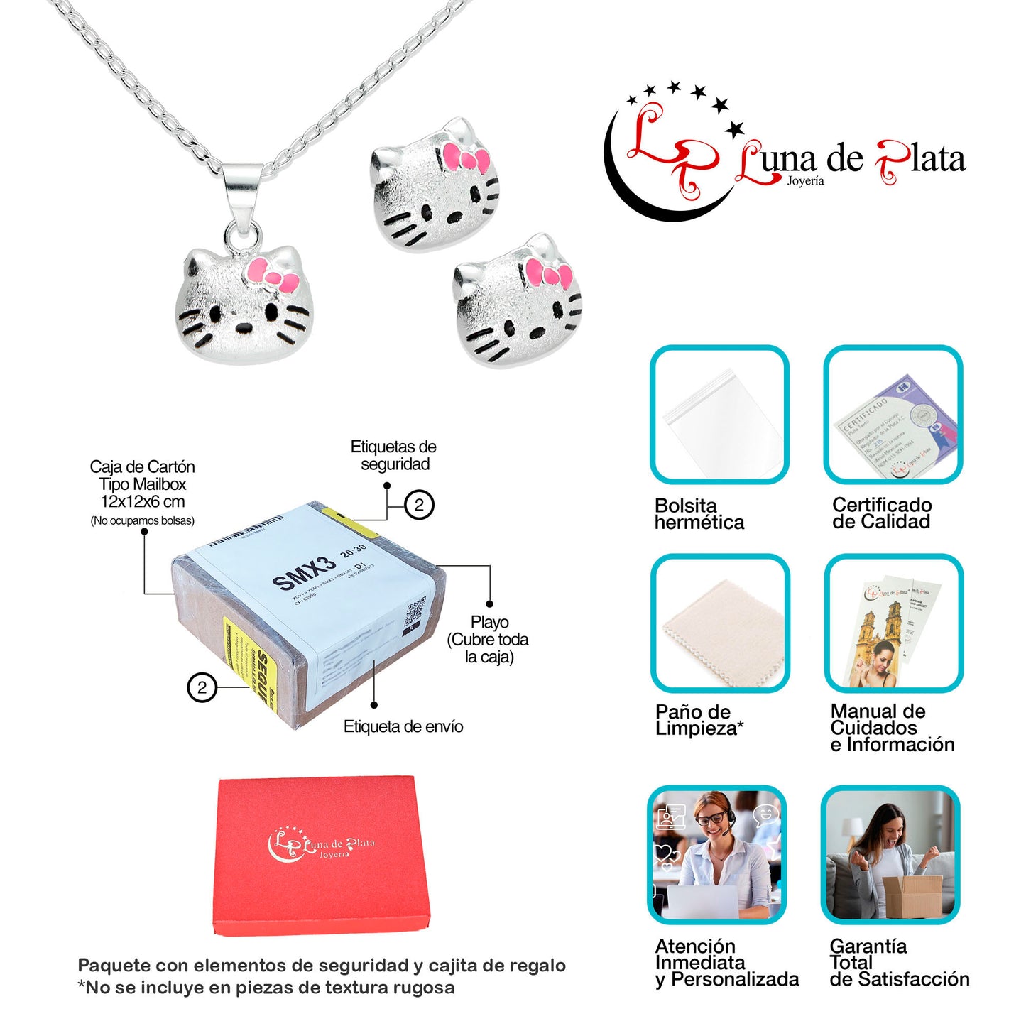 LPADJ025 Set Aretes + Dije + Cadena Kitty en Plata Ley .925 2780554348