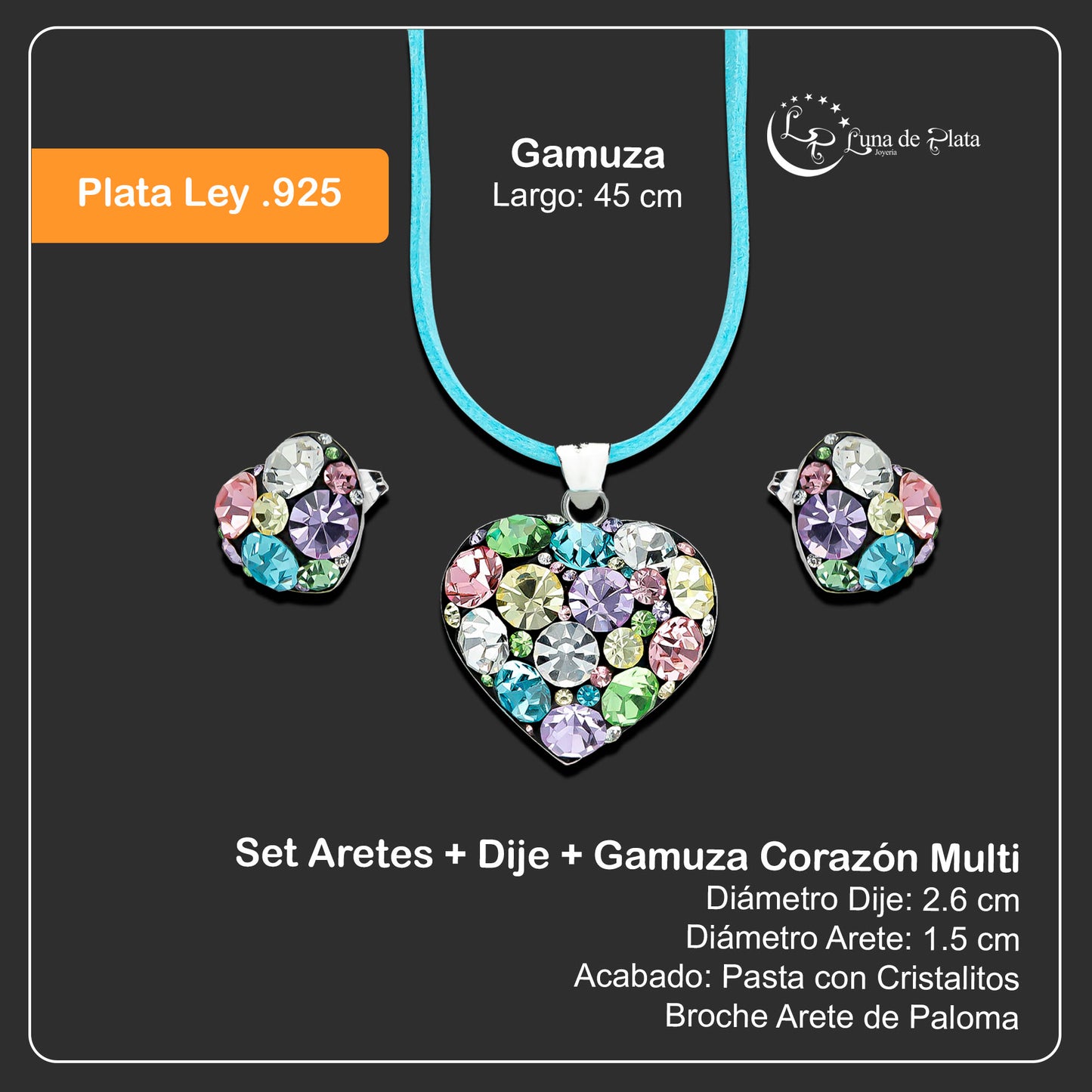 LPADJ026 Set Aretes + Dije + Gamuza Corazón Multi en Plata Ley .925 2020706961