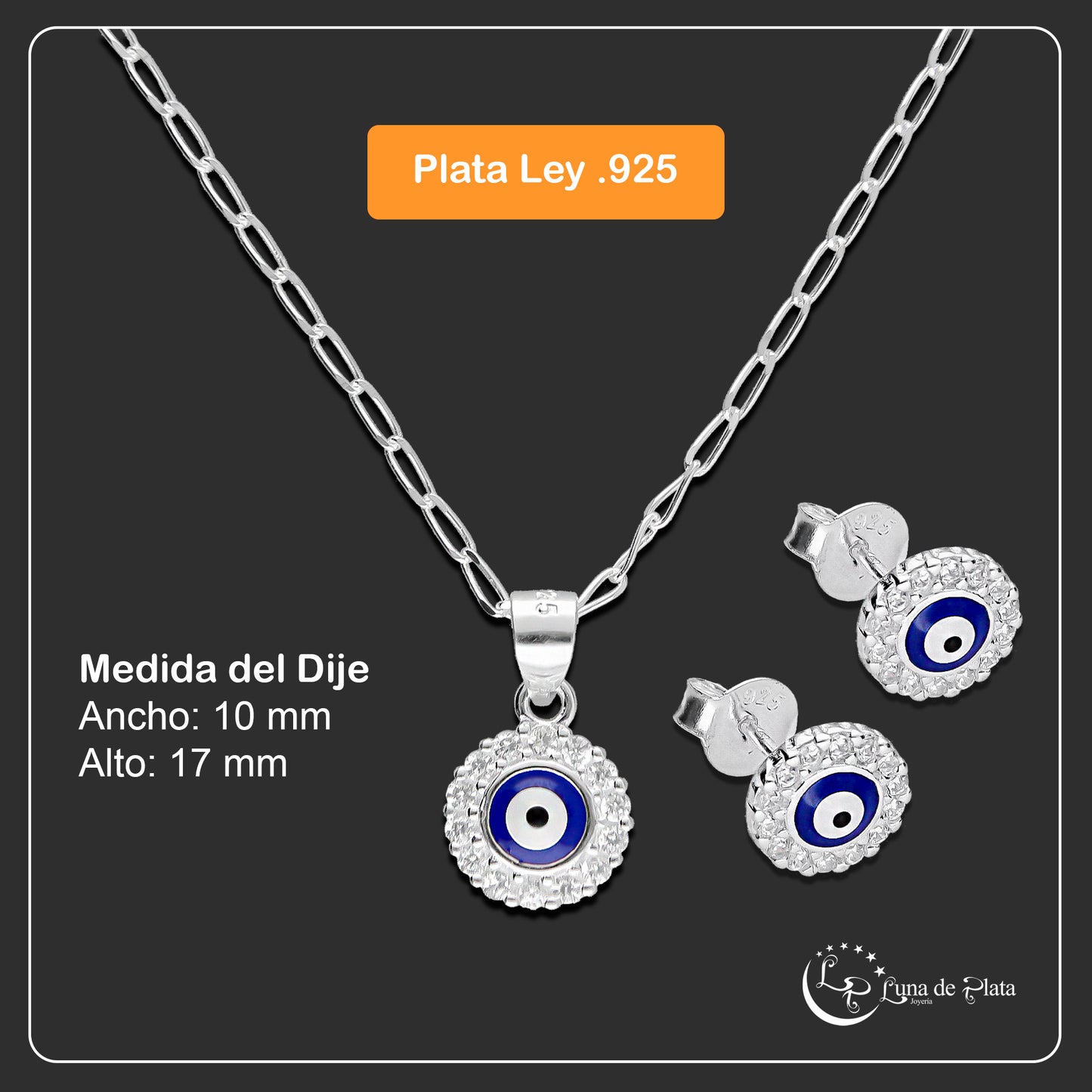 LPADJ028 Set Aretes + Dije + Cadena Ojito Turco OZ en Plata Ley .925 3104947672