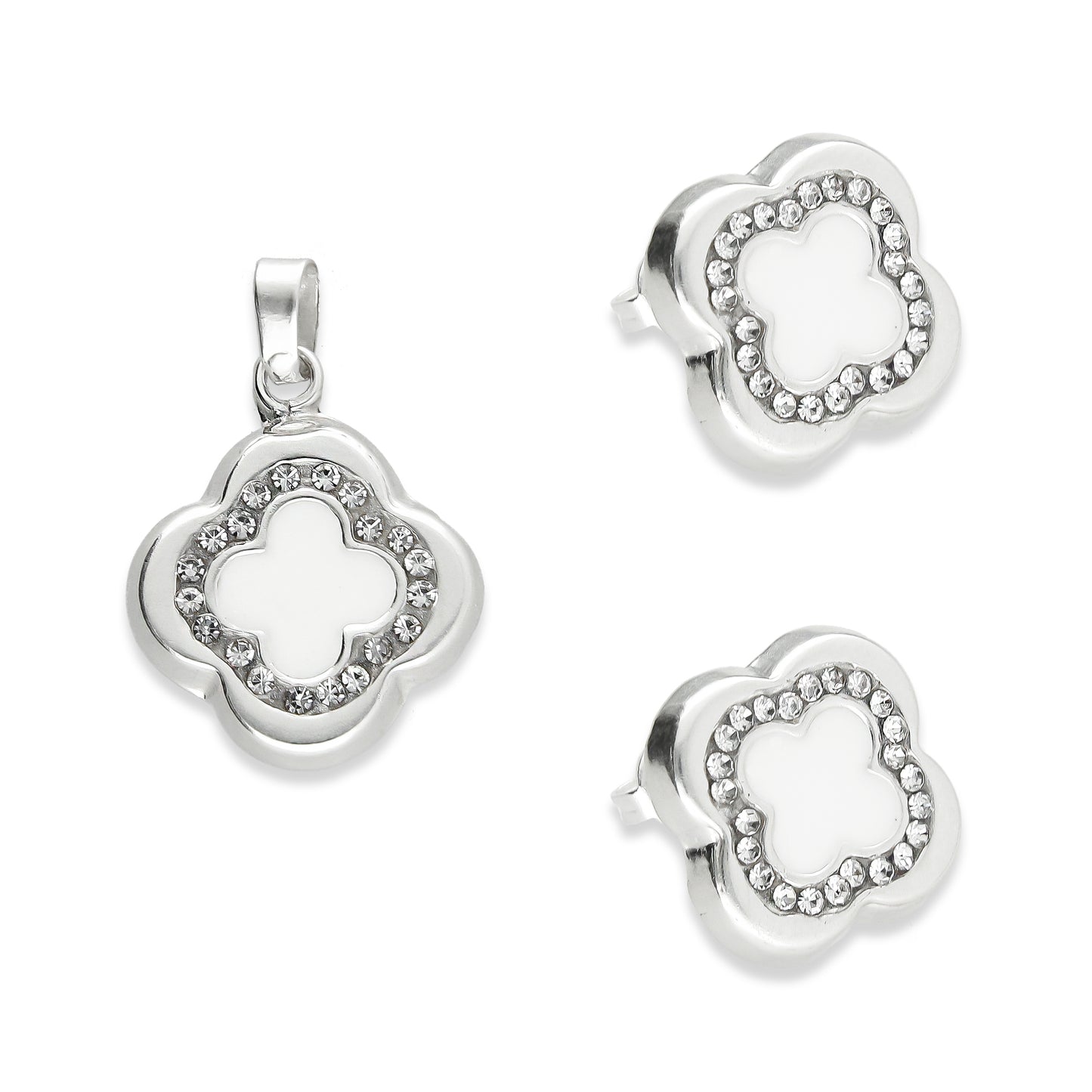 LPADJ029 Set De Aretes Y Dije Mod Trébol 3D Blanco Plata .925 Taxco