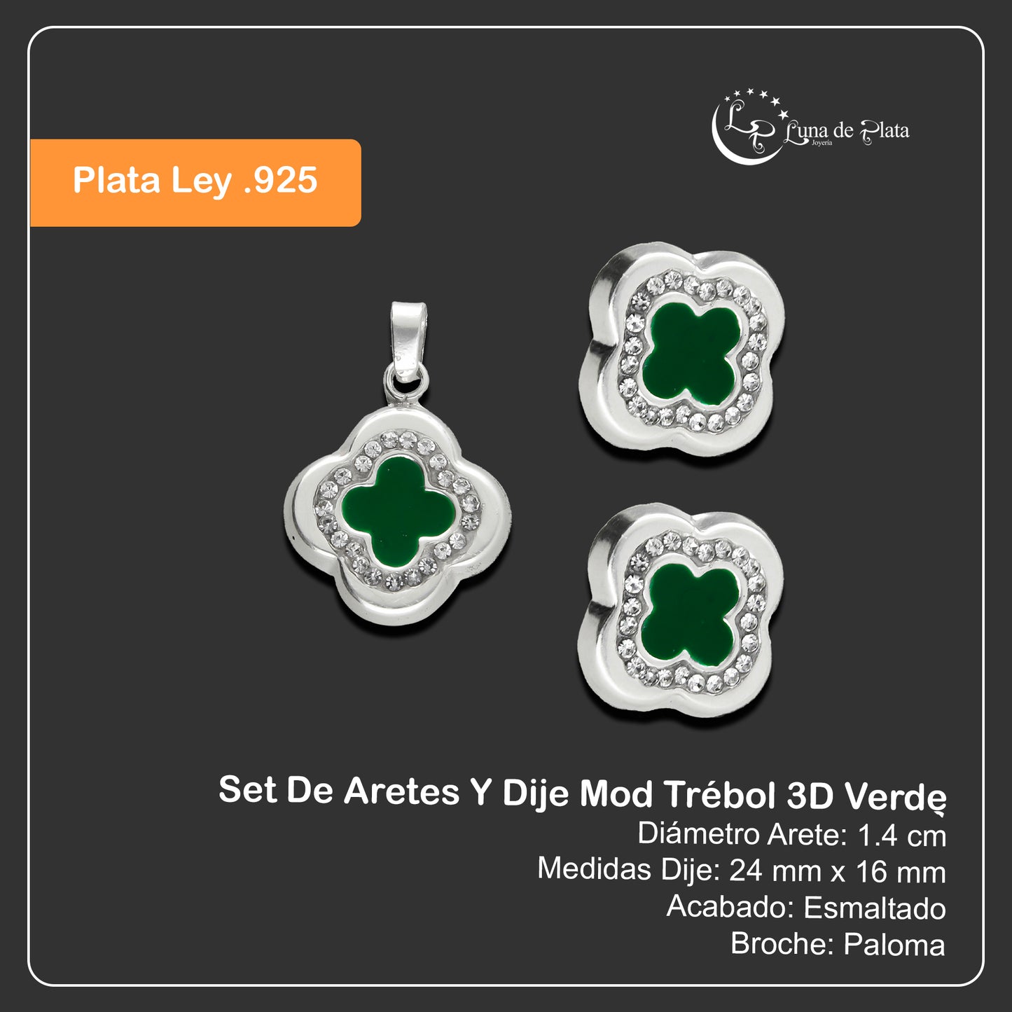 LPADJ031 Set De Aretes Y Dije Mod Trébol 3D Verde Plata .925 Taxco