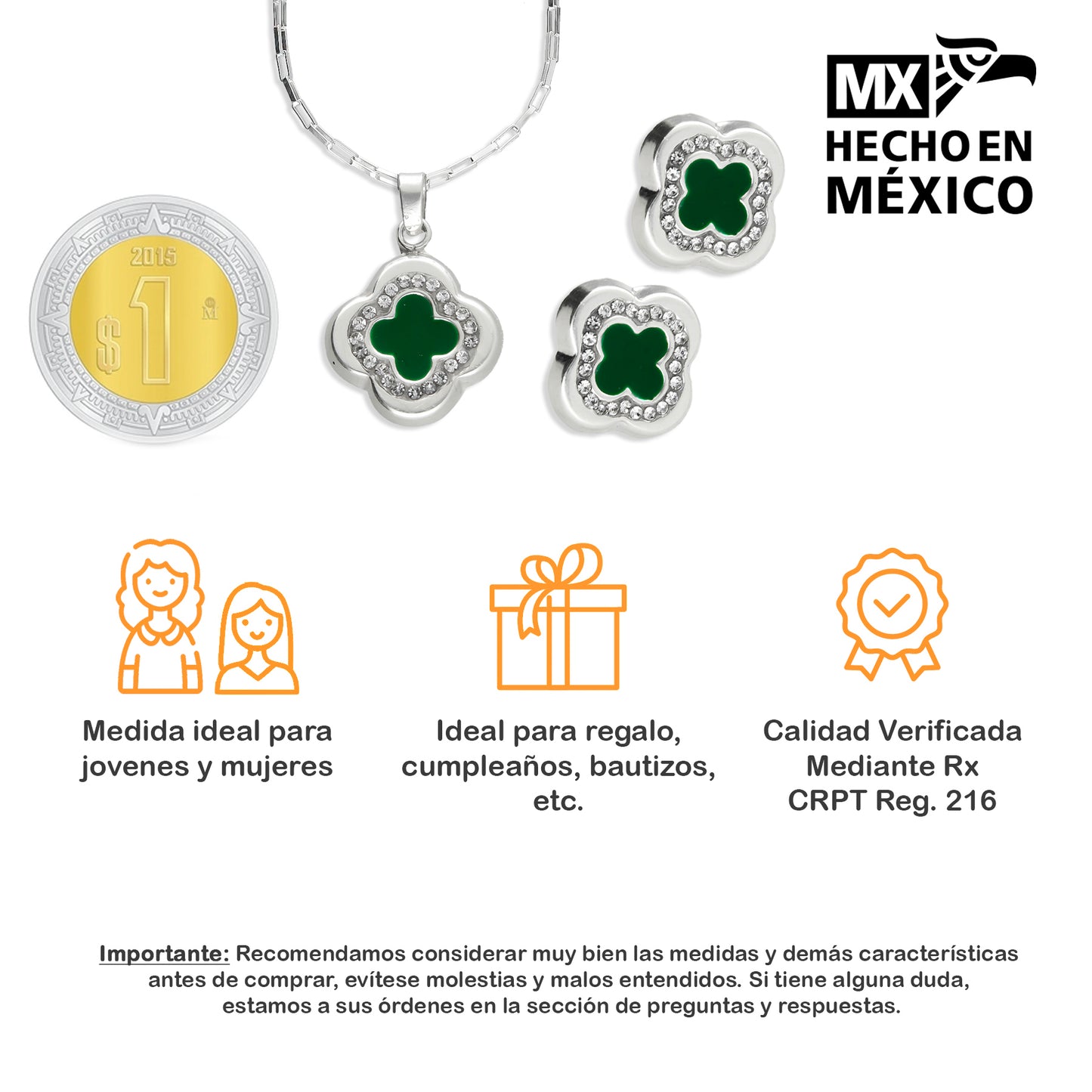 LPADJ032 Set De Aretes + Dije + Cadena Mod Trébol 3D Verde Plata .925 Taxco