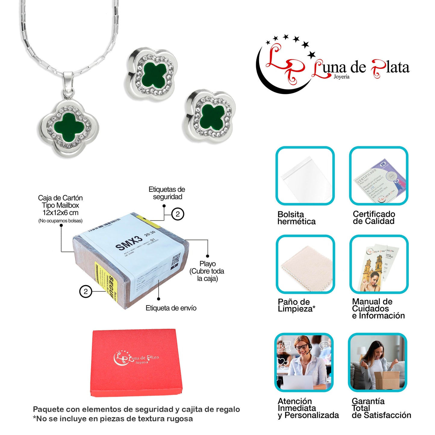 LPADJ032 Set De Aretes + Dije + Cadena Mod Trébol 3D Verde Plata .925 Taxco