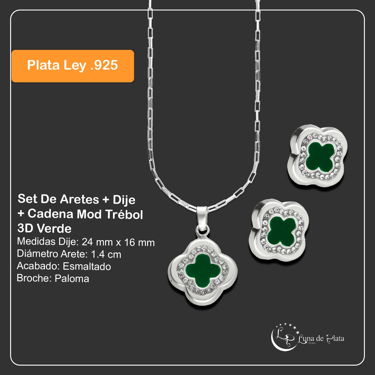 LPADJ032 Set De Aretes + Dije + Cadena Mod Trébol 3D Verde Plata .925 Taxco