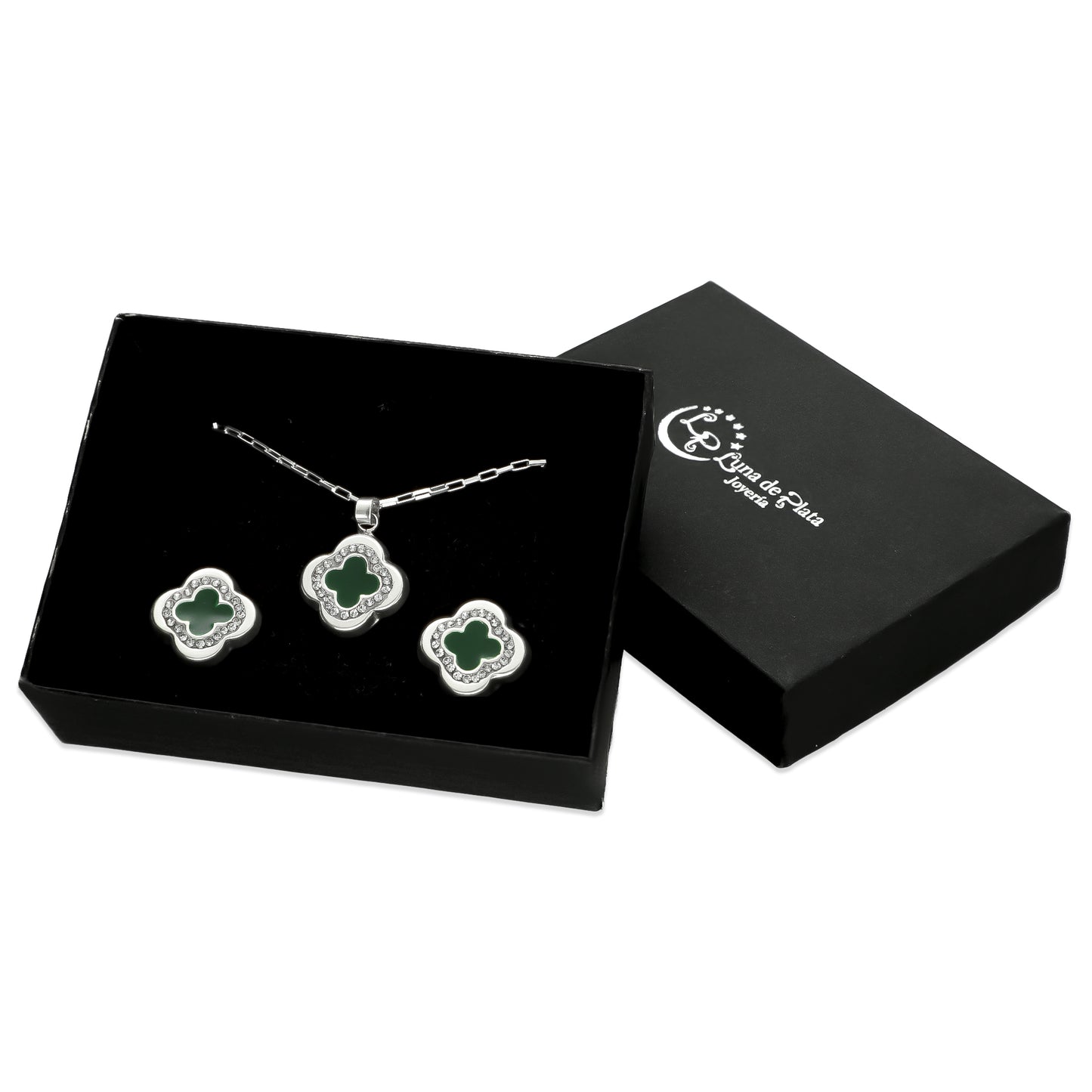 LPADJ032 Set De Aretes + Dije + Cadena Mod Trébol 3D Verde Plata .925 Taxco