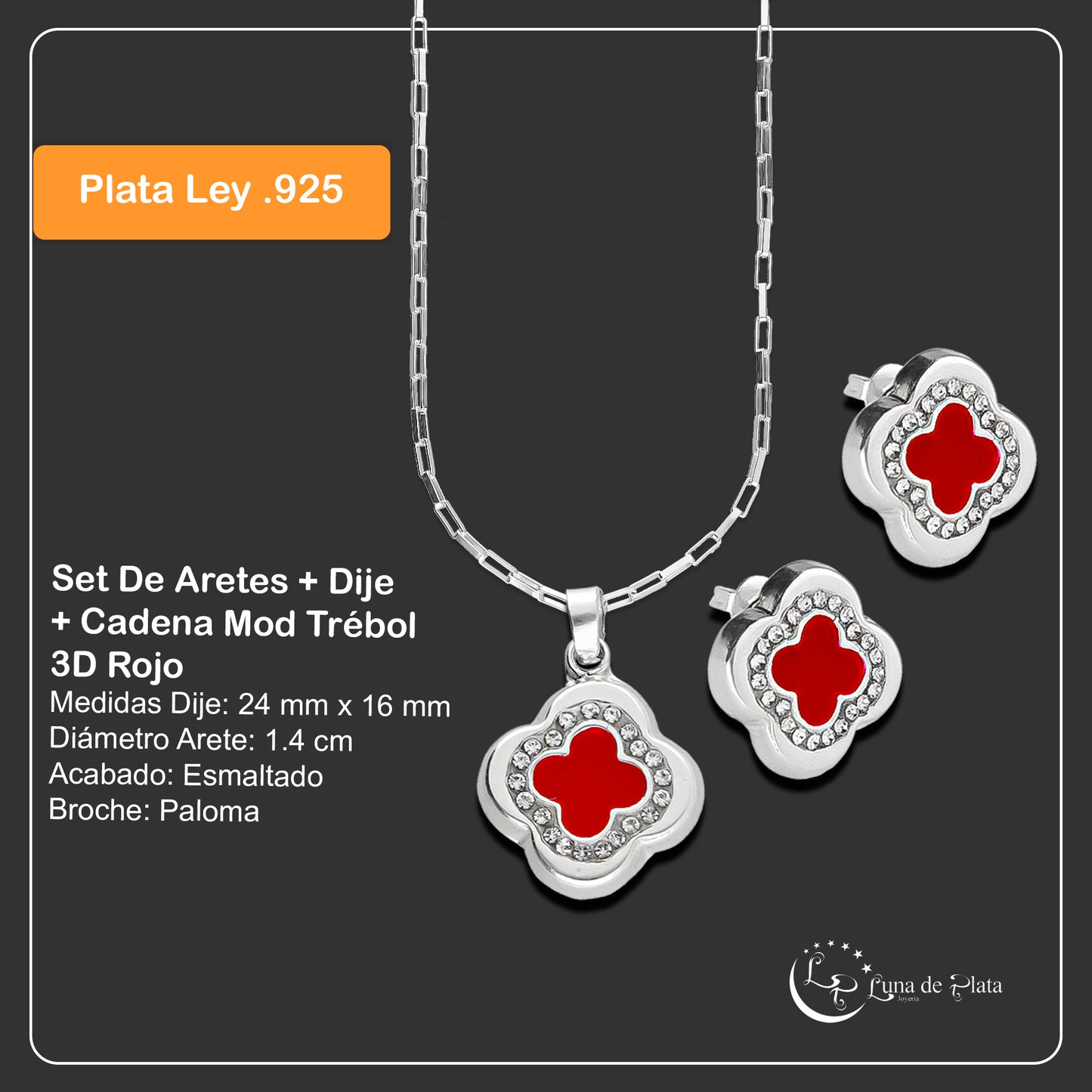 LPADJ034 Set De Aretes + Dije + Cadena Mod Trébol 3D Rojo Plata .925 Taxco