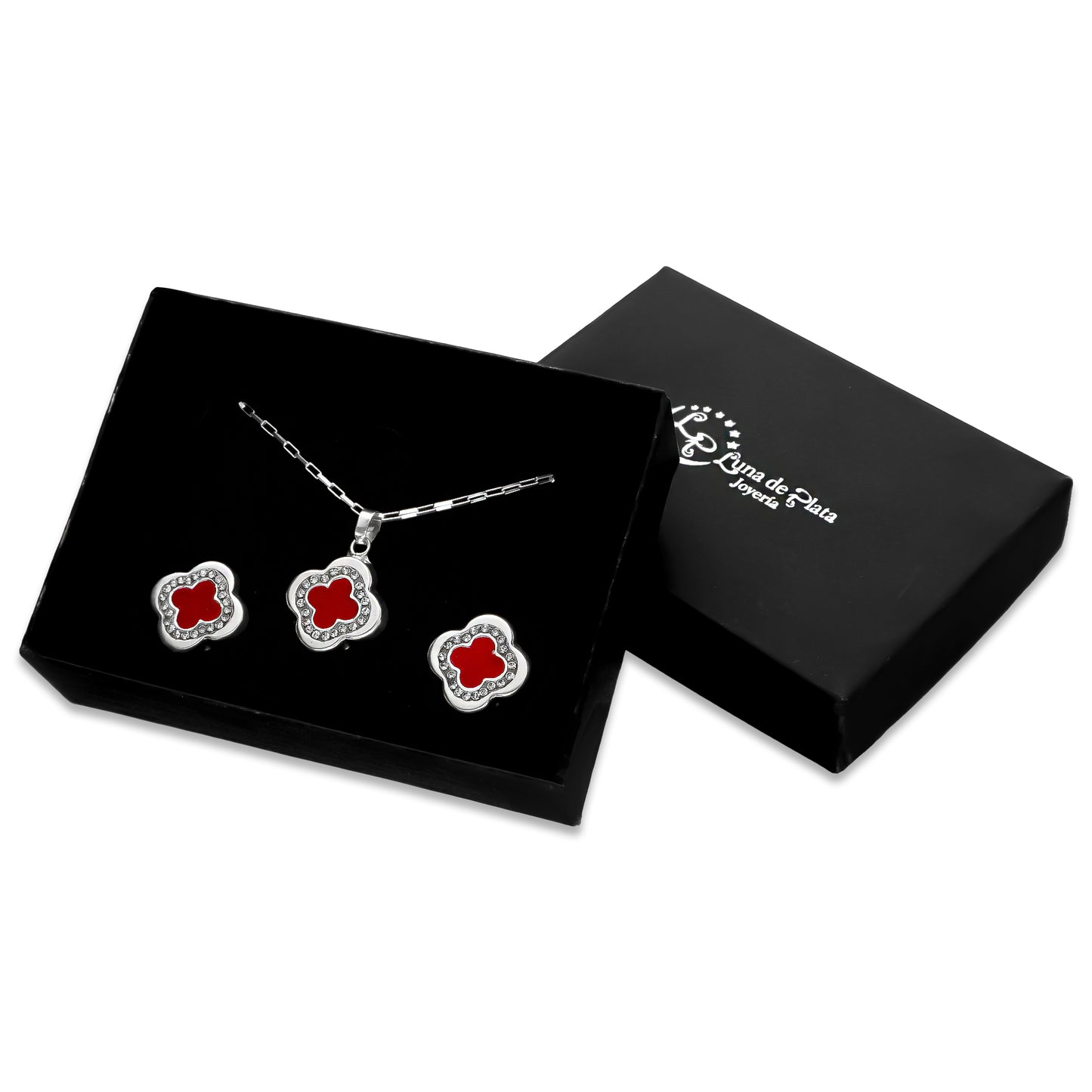 LPADJ034 Set De Aretes + Dije + Cadena Mod Trébol 3D Rojo Plata .925 Taxco