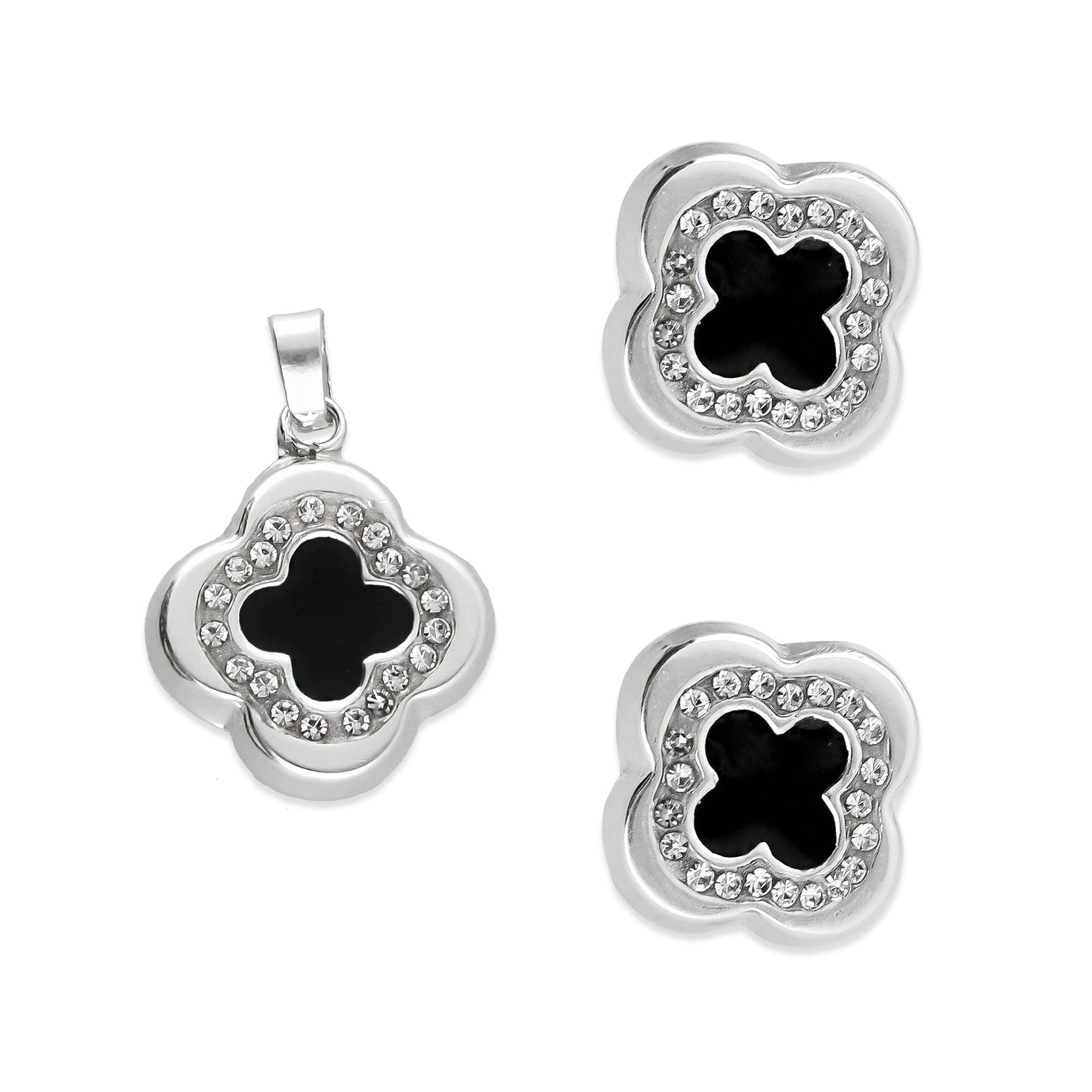 LPADJ035 Set De Aretes Y Dije Mod Trébol 3D Negro Plata .925 Taxco