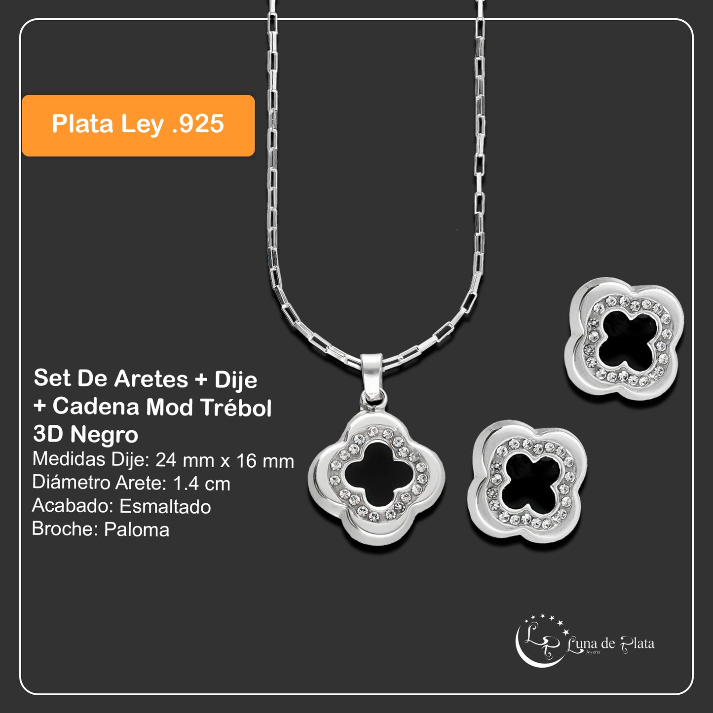 LPADJ036 Set De Aretes + Dije + Cadena Mod Trébol 3D Negro Plata .925 Taxco