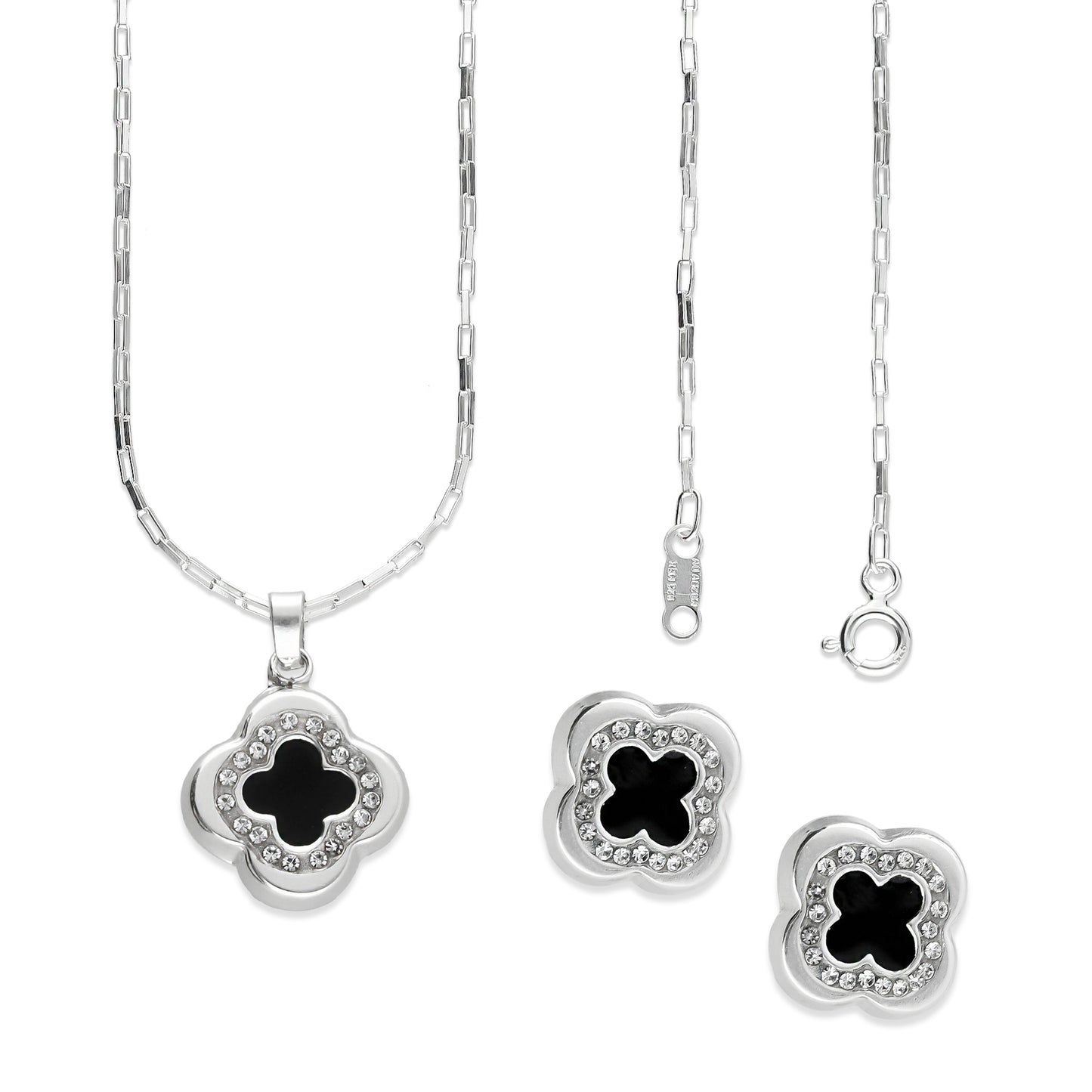 LPADJ036 Set De Aretes + Dije + Cadena Mod Trébol 3D Negro Plata .925 Taxco