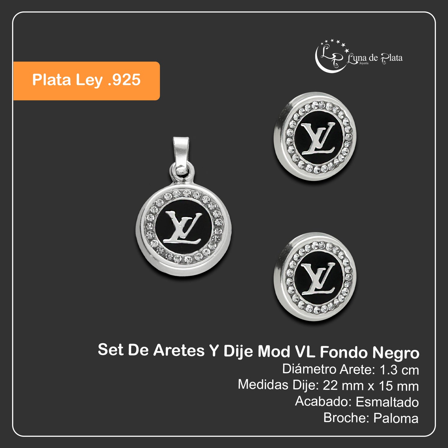 LPADJ039 Set De Aretes Y Dije Mod VL Fondo Negro Plata .925 Taxco