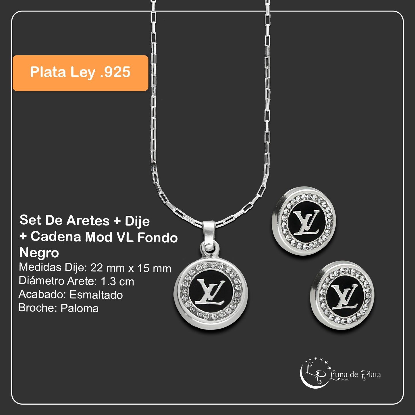 LPADJ040 Set De Aretes + Dije + Cadena Mod VL Fondo Negro Plata .925 Taxco