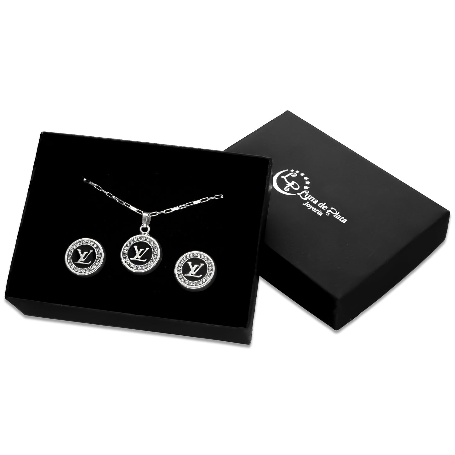 LPADJ040 Set De Aretes + Dije + Cadena Mod VL Fondo Negro Plata .925 Taxco