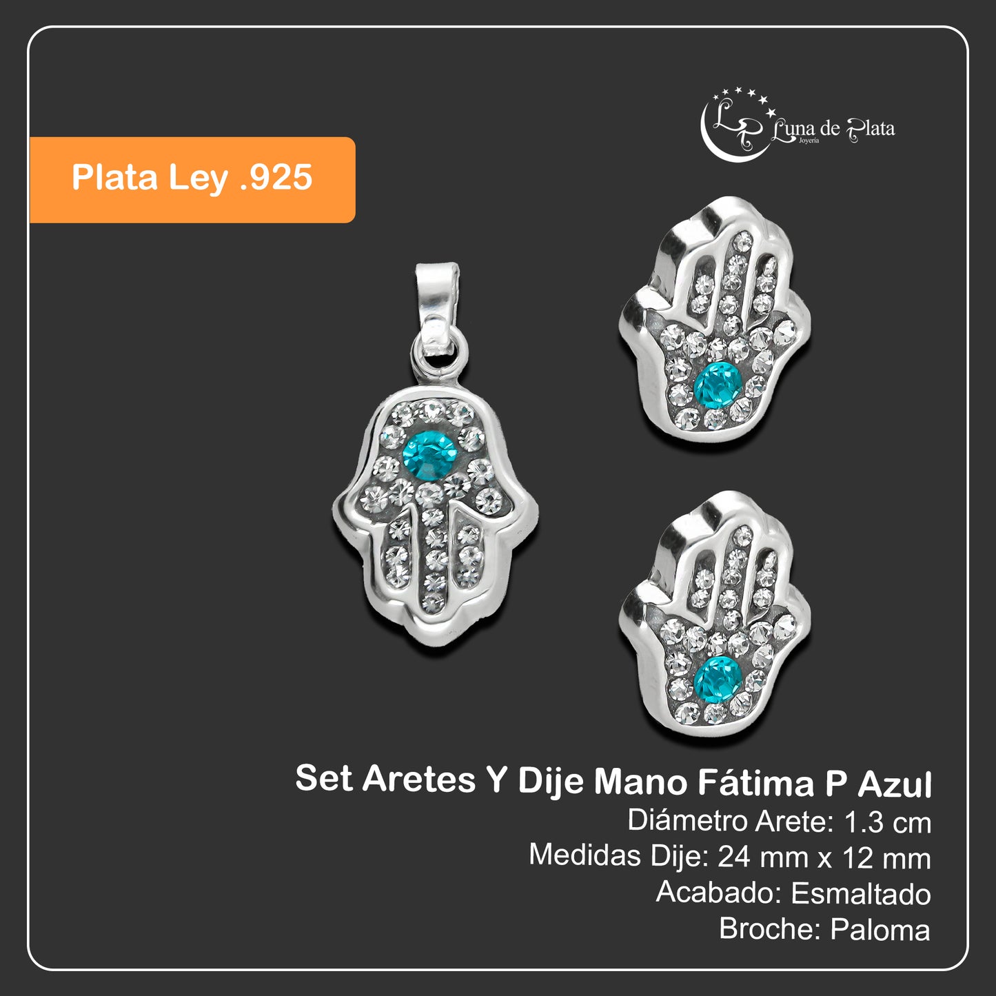 LPADJ041 Set Aretes Y Dije Mano Fátima P Azul en Plata Ley .925 2085633653