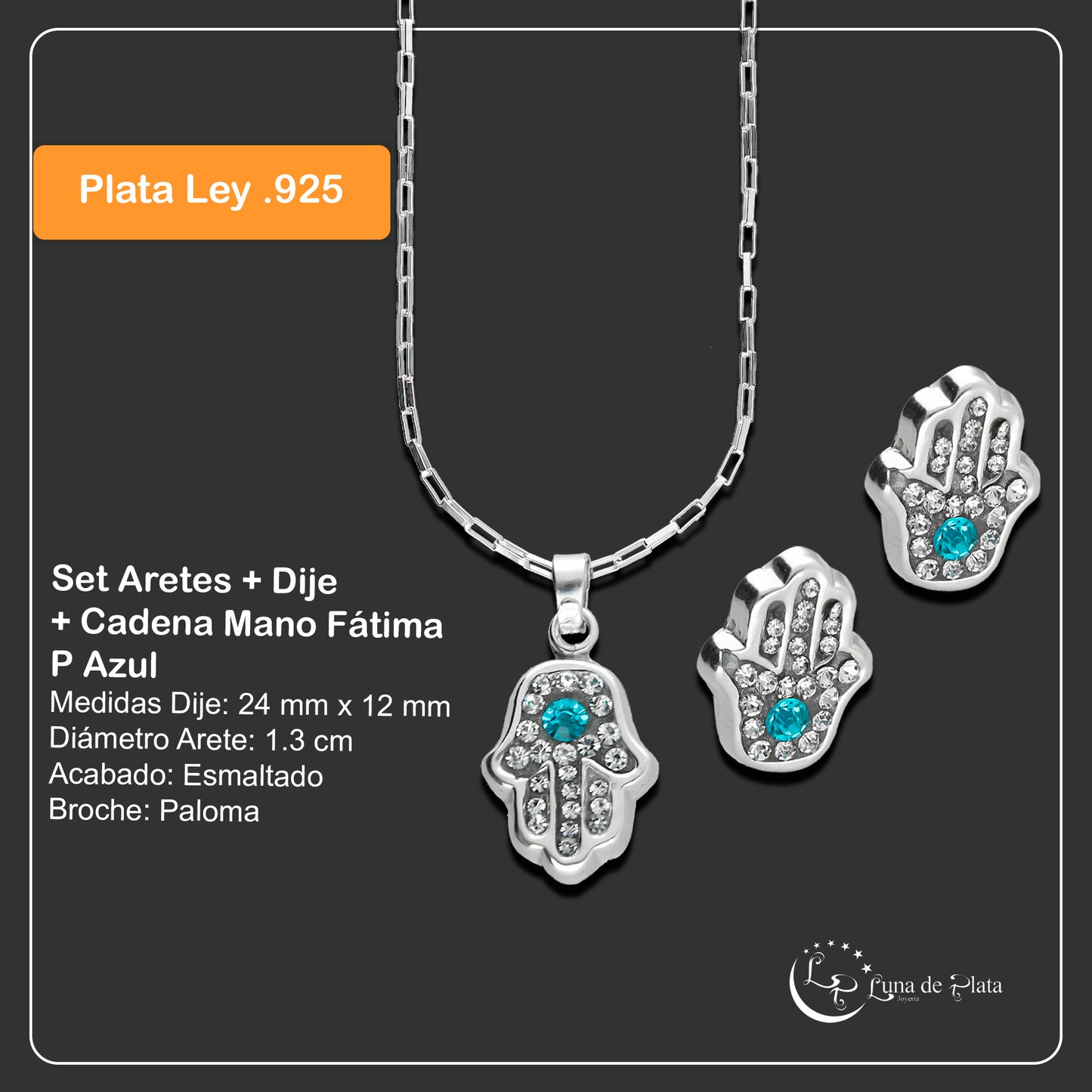 LPADJ042 Set Aretes + Dije + Cadena Mano Fátima P Azul en Plata Ley .925 3158537130