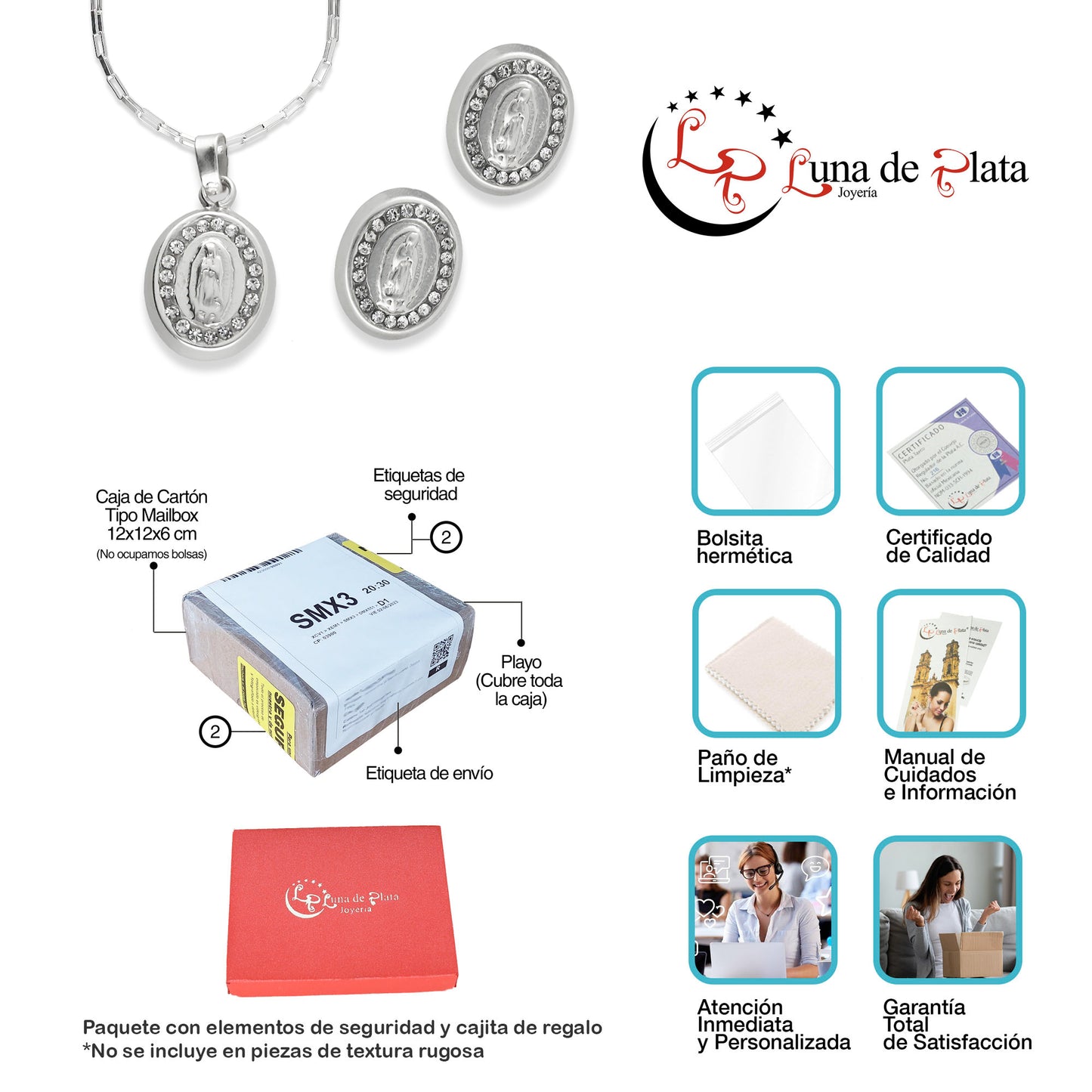 LPADJ044 Set Aretes + Dije + Cadena Virgen Cristales Blancos en Plata Ley .925 2085756923