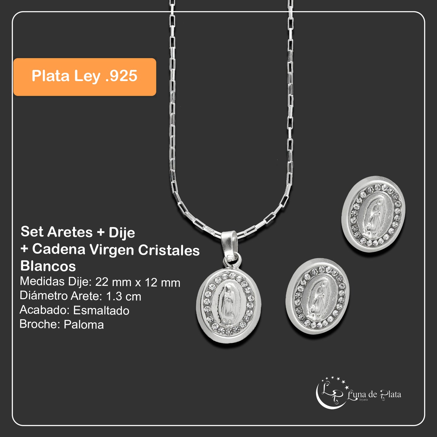 LPADJ044 Set Aretes + Dije + Cadena Virgen Cristales Blancos en Plata Ley .925 2085756923