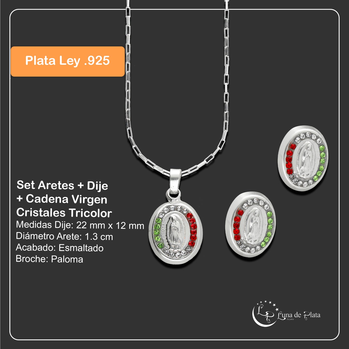 LPADJ046 Set Aretes + Dije + Cadena Virgen Cristales Tricolor en Plata Ley .925 2085809527