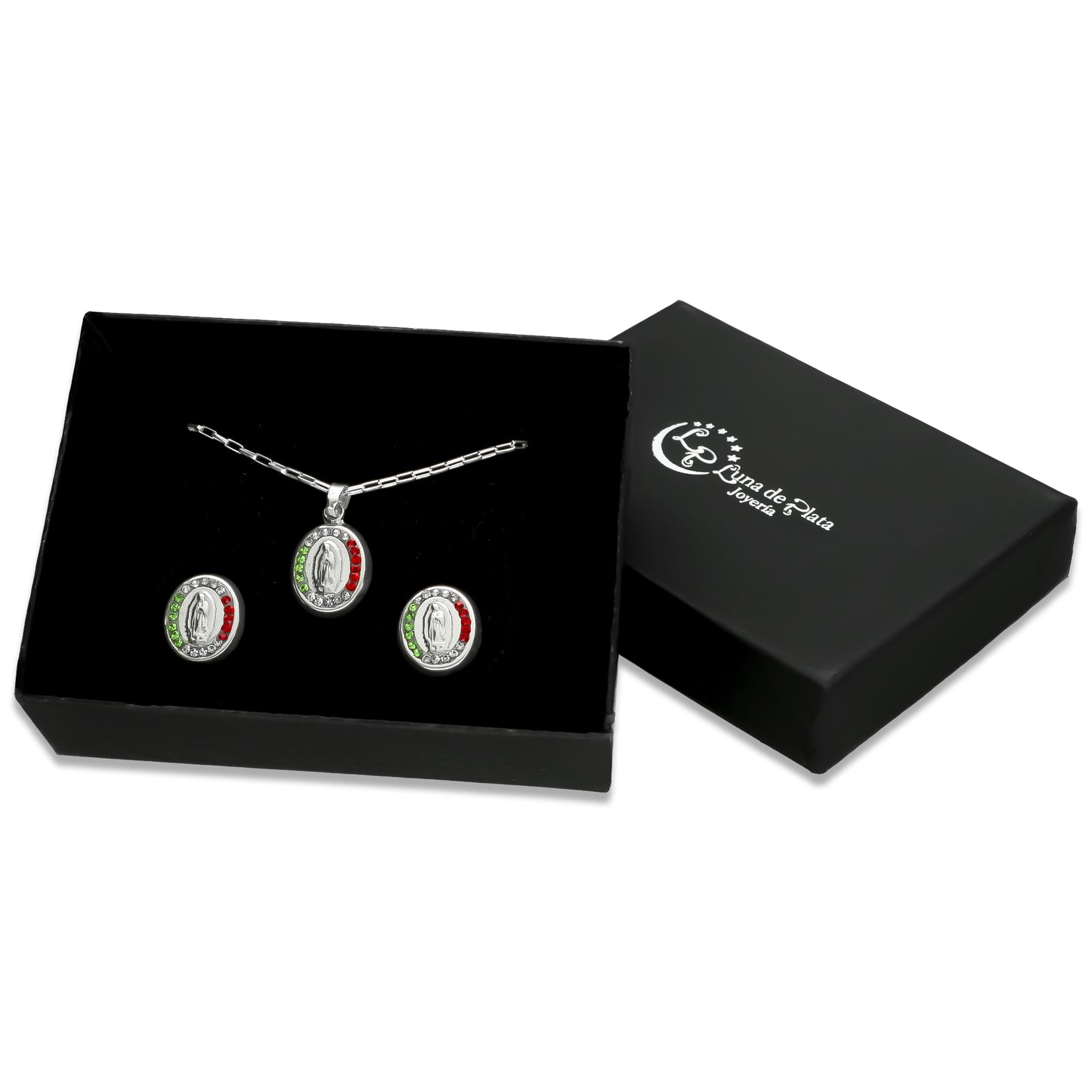 LPADJ046 Set Aretes + Dije + Cadena Virgen Cristales Tricolor en Plata Ley .925 2085809527