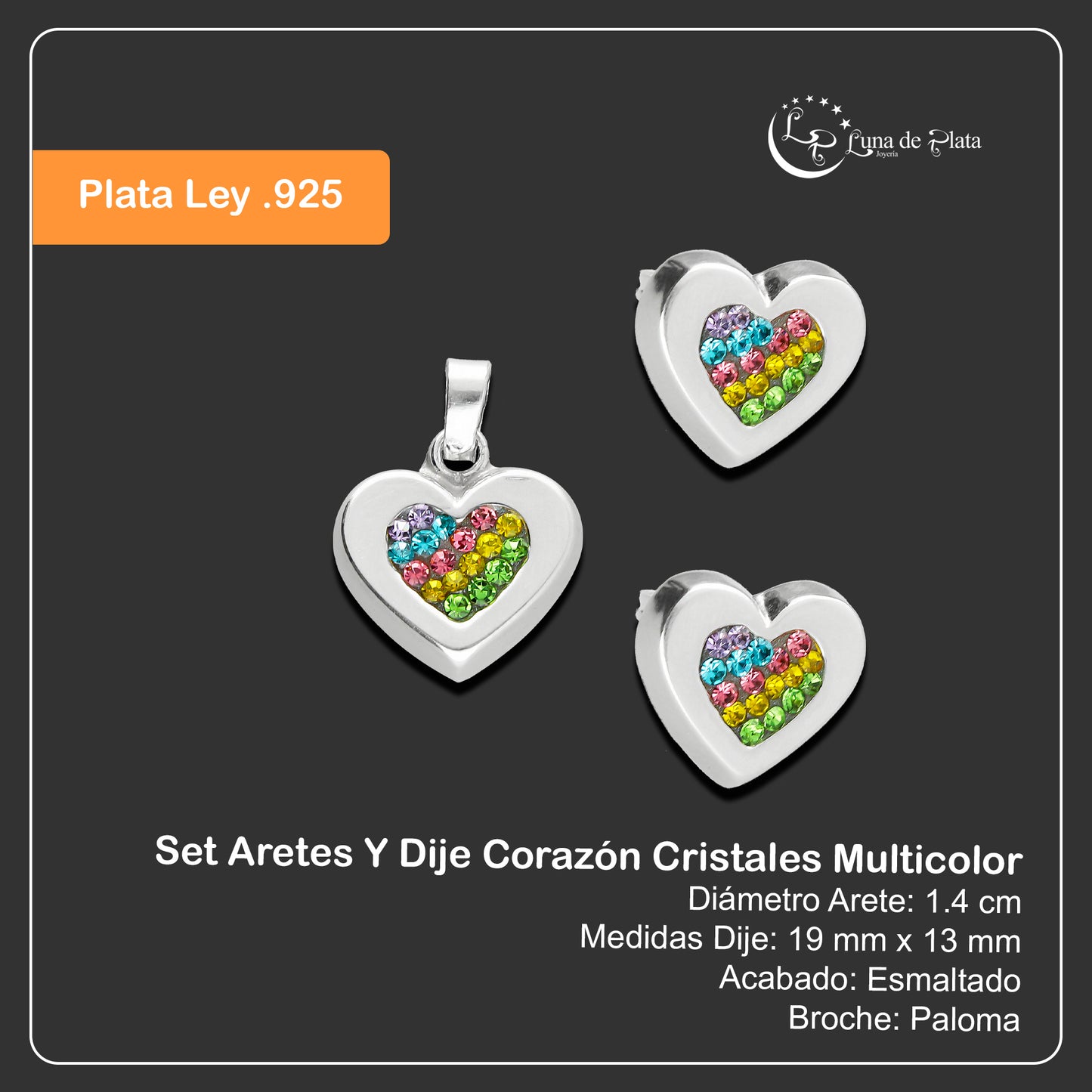 LPADJ047 Set Aretes Y Dije Corazón Cristales Multicolor en Plata Ley .925 2085848973