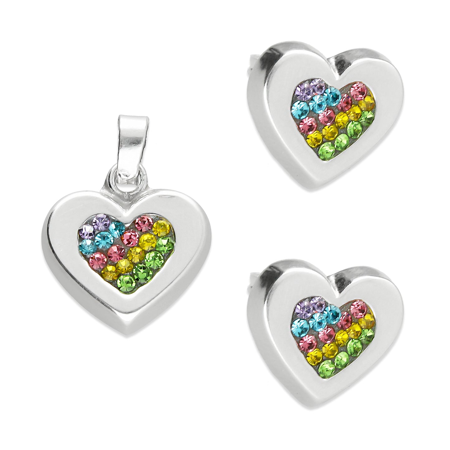 LPADJ047 Set Aretes Y Dije Corazón Cristales Multicolor en Plata Ley .925 2085848973