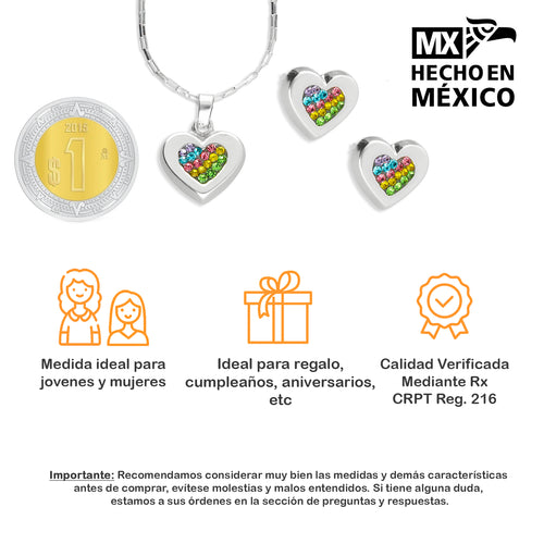 LPADJ048 Set Aretes + Dije + Cadena Corazón Cristales Multicolor en Plata Ley .925 2085850029