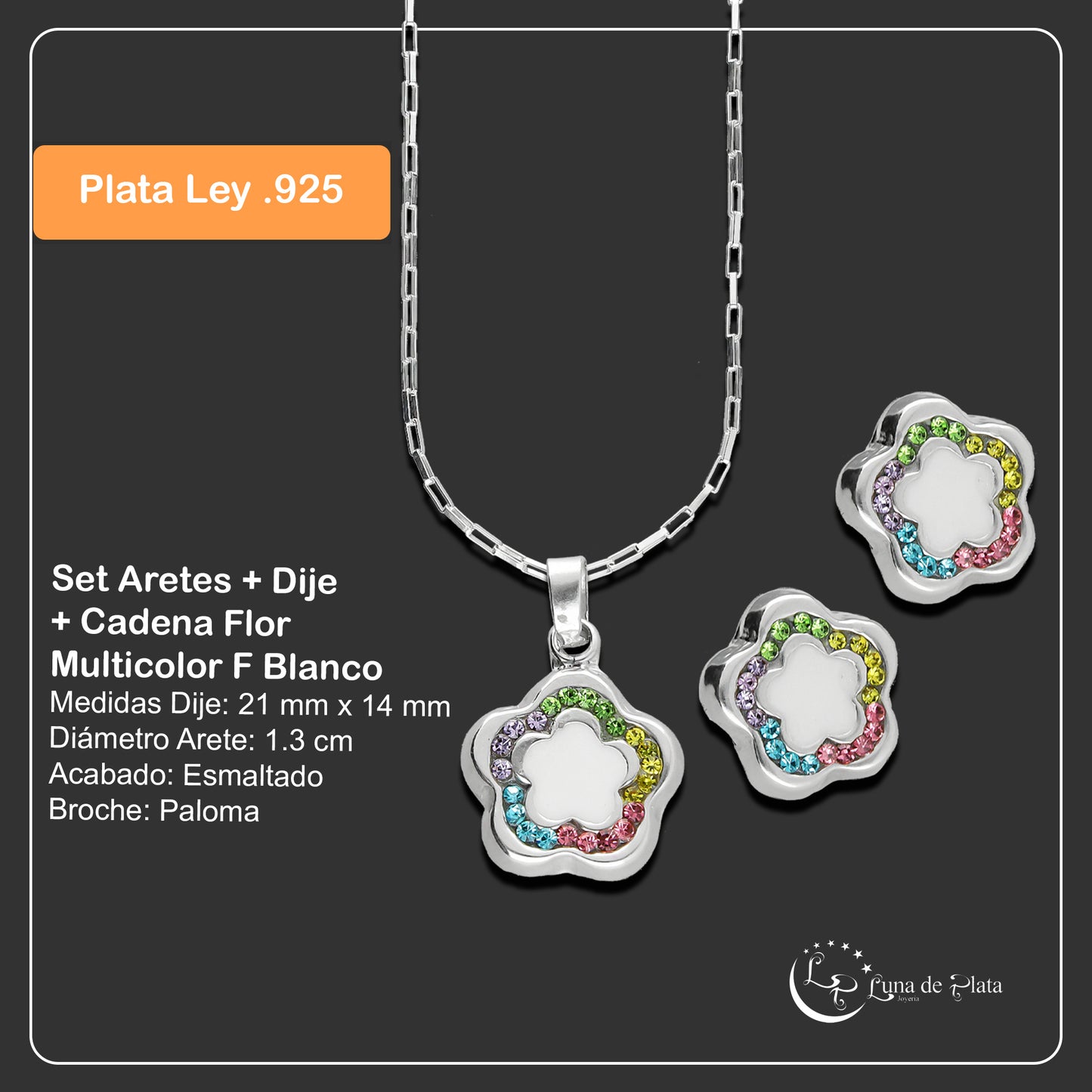 LPADJ050 Set Aretes + Dije + Cadena Flor Multicolor F Blanco en Plata Ley .925 2085762029