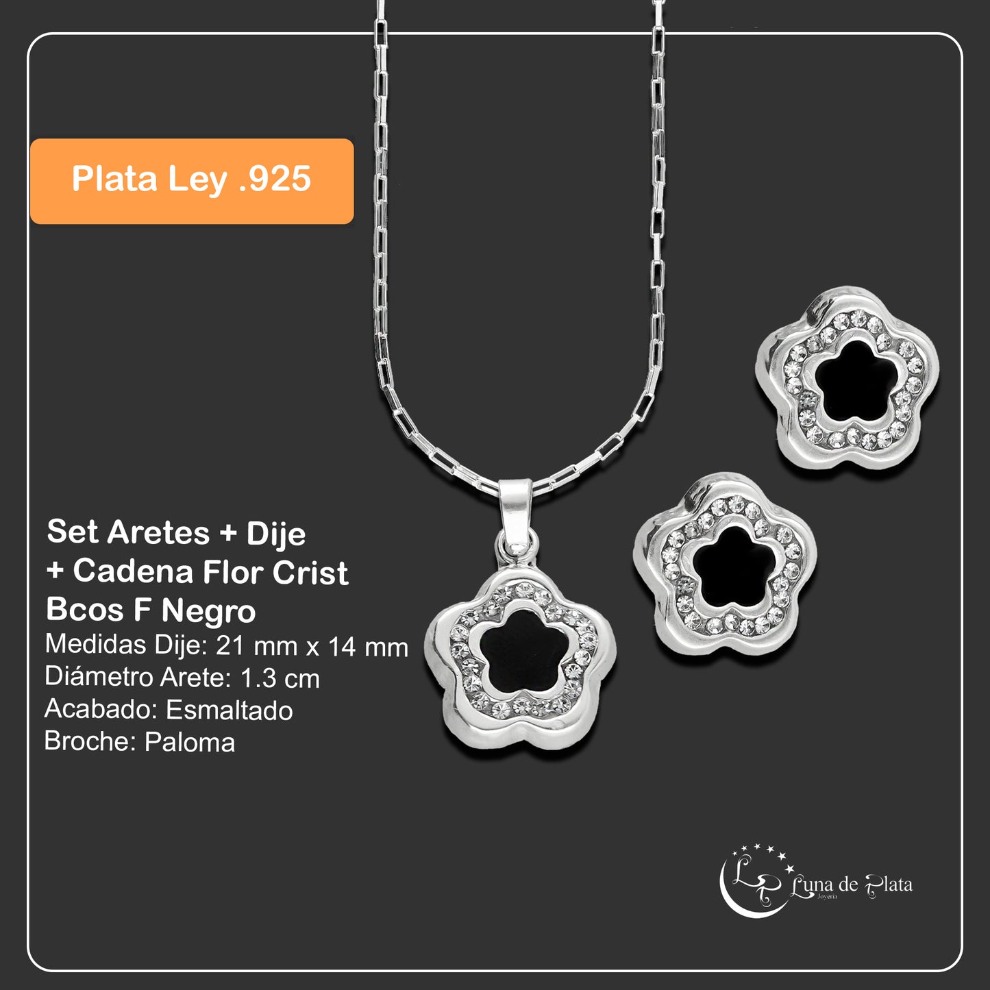 LPADJ052 Set Aretes + Dije + Cadena Flor Crist Bcos F Negro en Plata Ley .925 3160260132