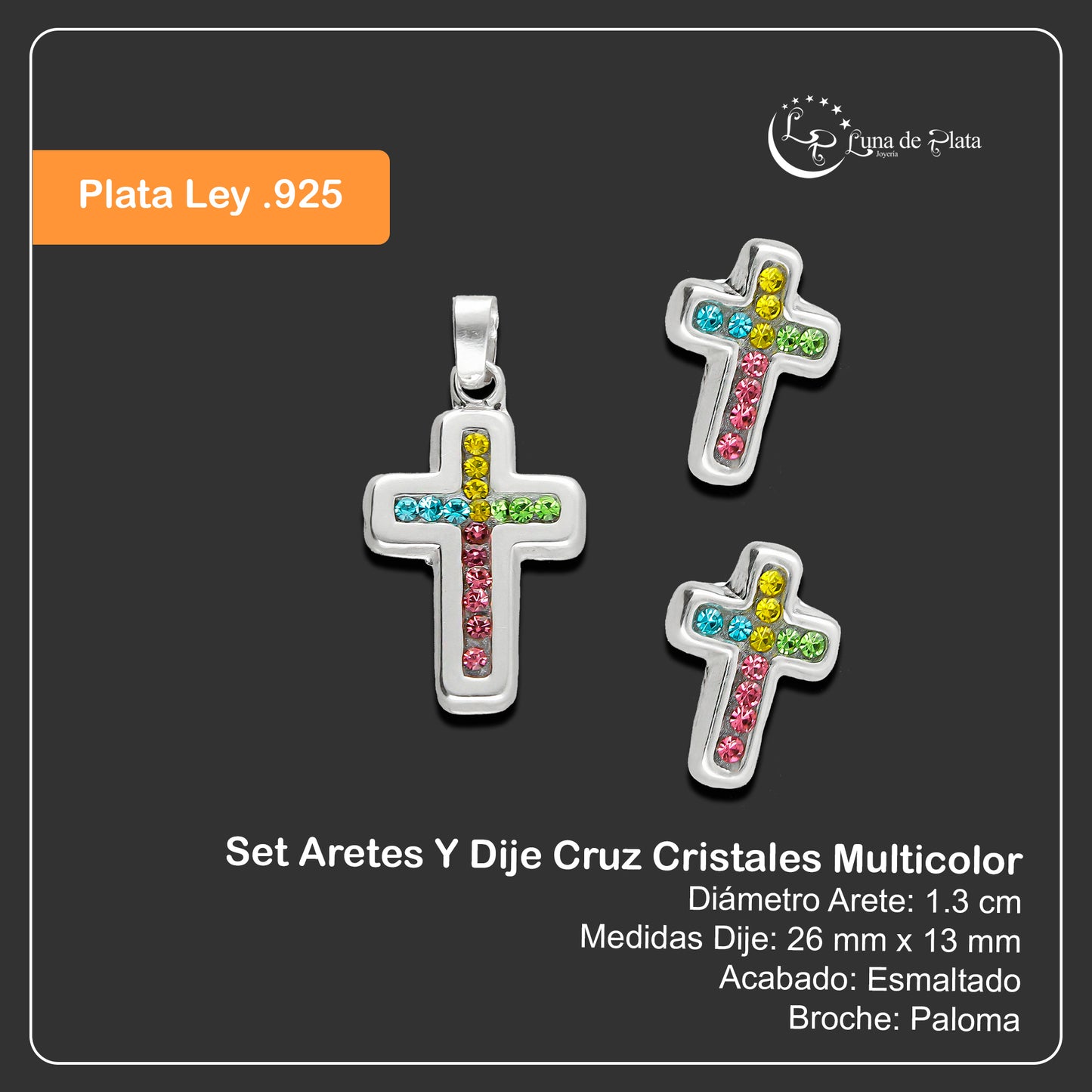 LPADJ053 Set Aretes Y Dije Cruz Cristales Multicolor en Plata Ley .925 3160106988