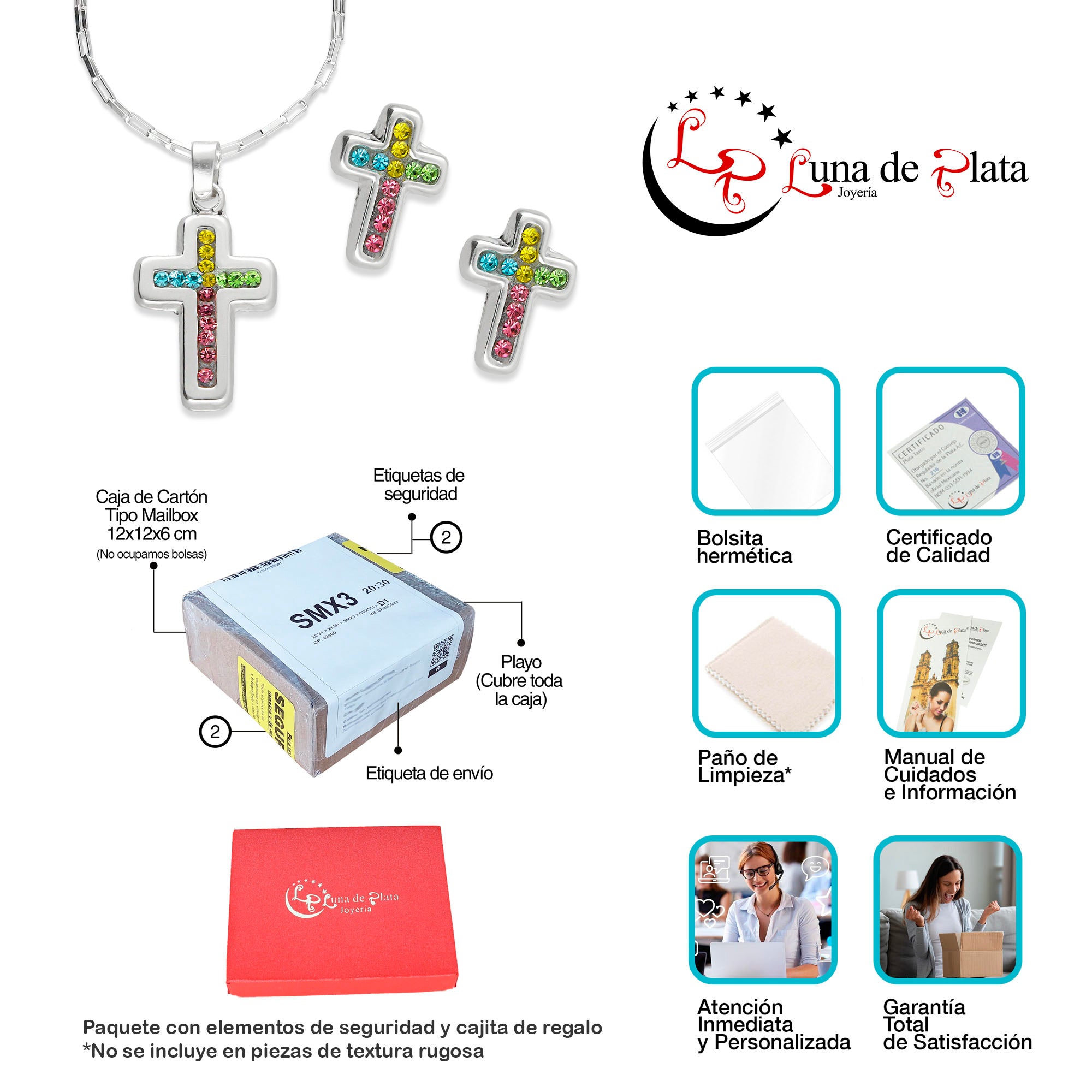 LPADJ054 Set Aretes + Dije + Cadena  Cruz Cristales Multicolor en Plata Ley .925 3160145956