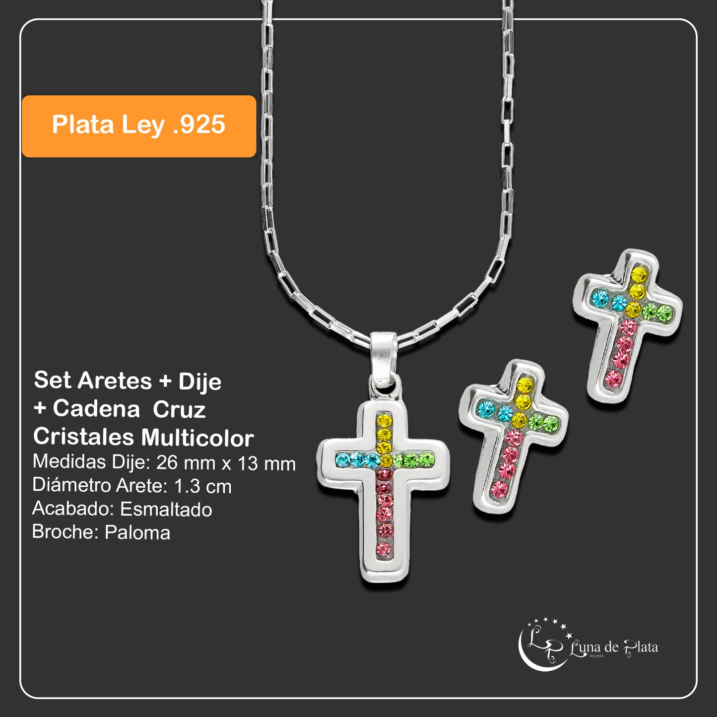 LPADJ054 Set Aretes + Dije + Cadena  Cruz Cristales Multicolor en Plata Ley .925 3160145956