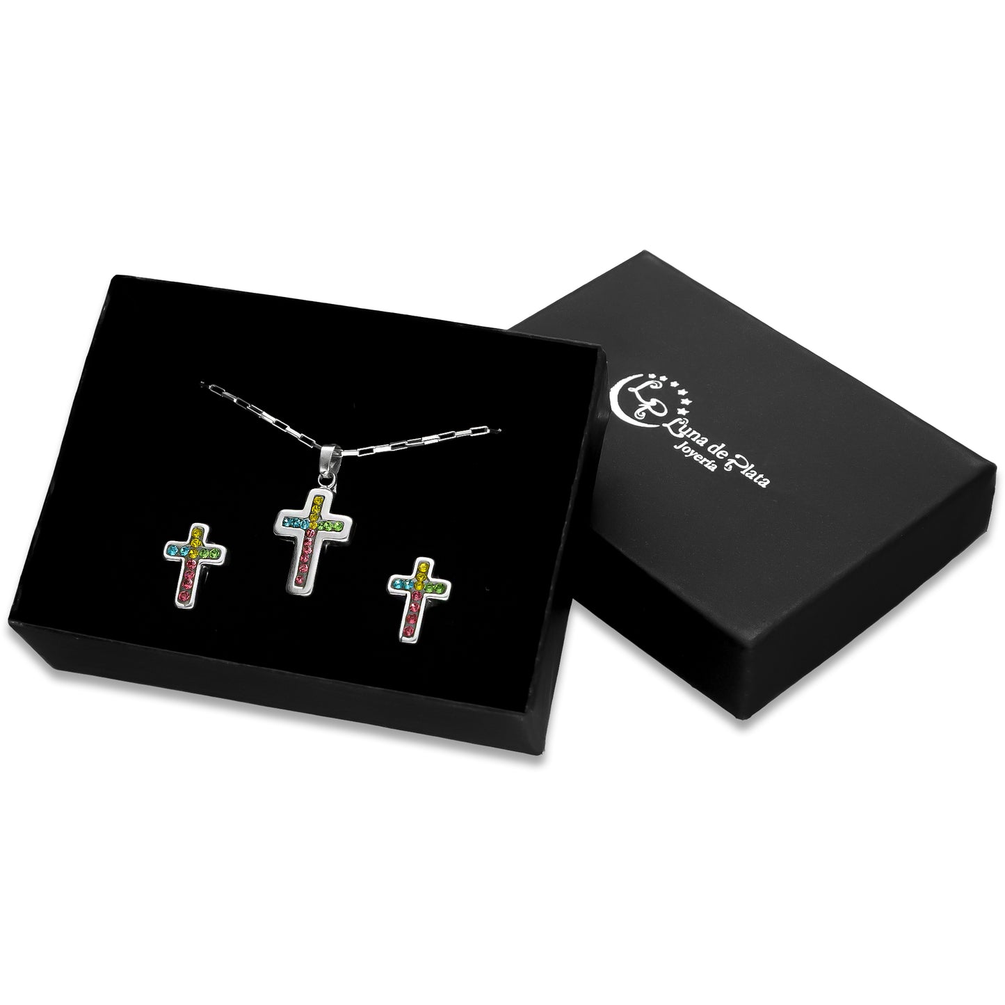 LPADJ054 Set Aretes + Dije + Cadena  Cruz Cristales Multicolor en Plata Ley .925 3160145956