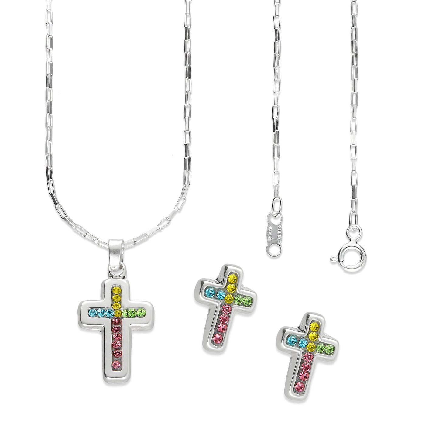 LPADJ054 Set Aretes + Dije + Cadena  Cruz Cristales Multicolor en Plata Ley .925 3160145956