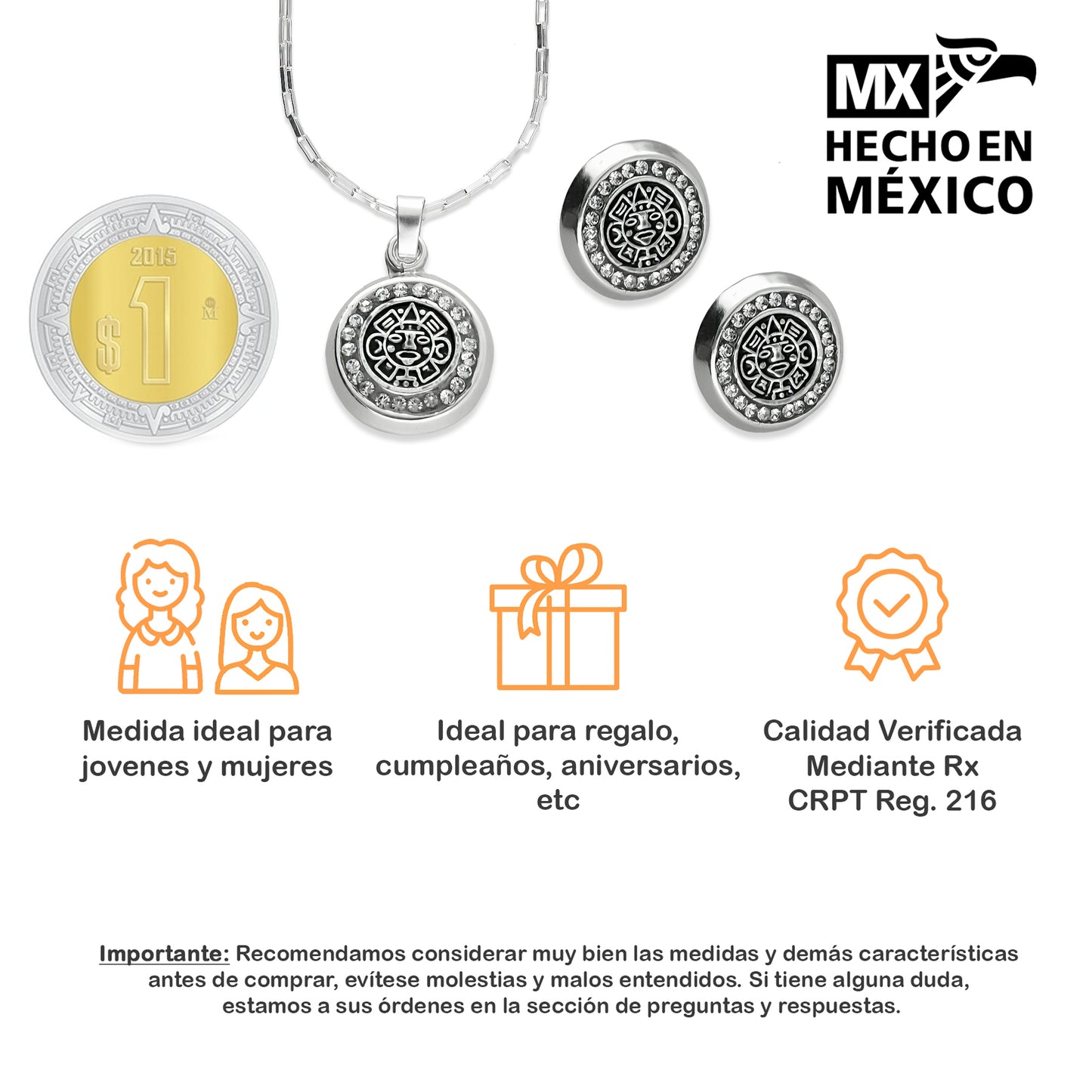 LPADJ060 Set Aretes + Dije + Cadena Calendario Azteca en Plata Ley .925 2086324675