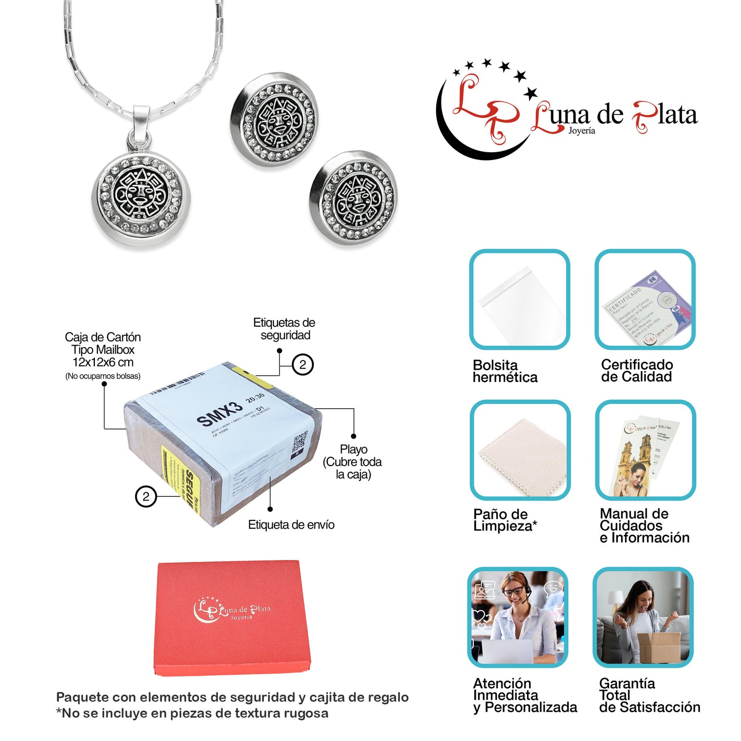 LPADJ060 Set Aretes + Dije + Cadena Calendario Azteca en Plata Ley .925 2086324675