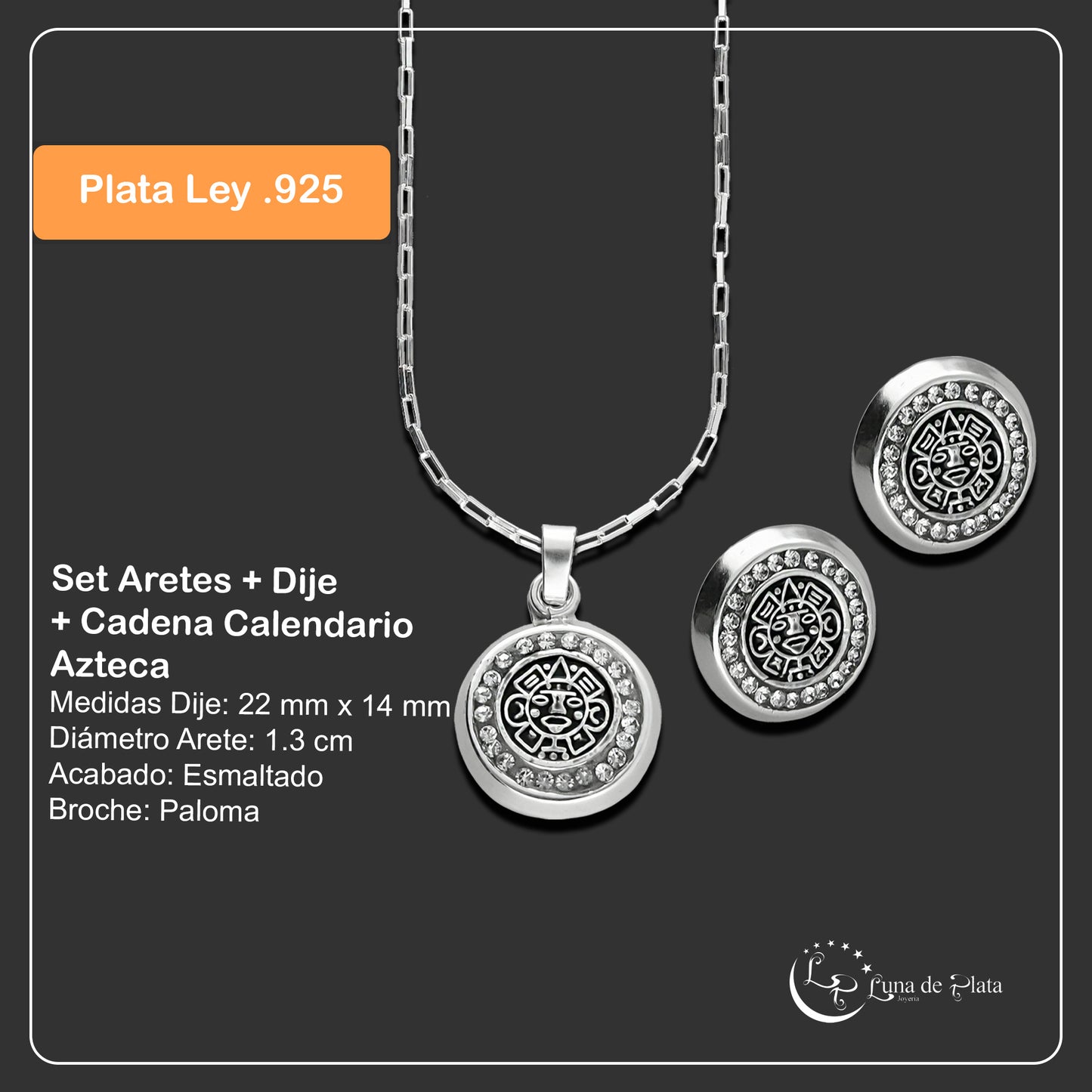 LPADJ060 Set Aretes + Dije + Cadena Calendario Azteca en Plata Ley .925 2086324675