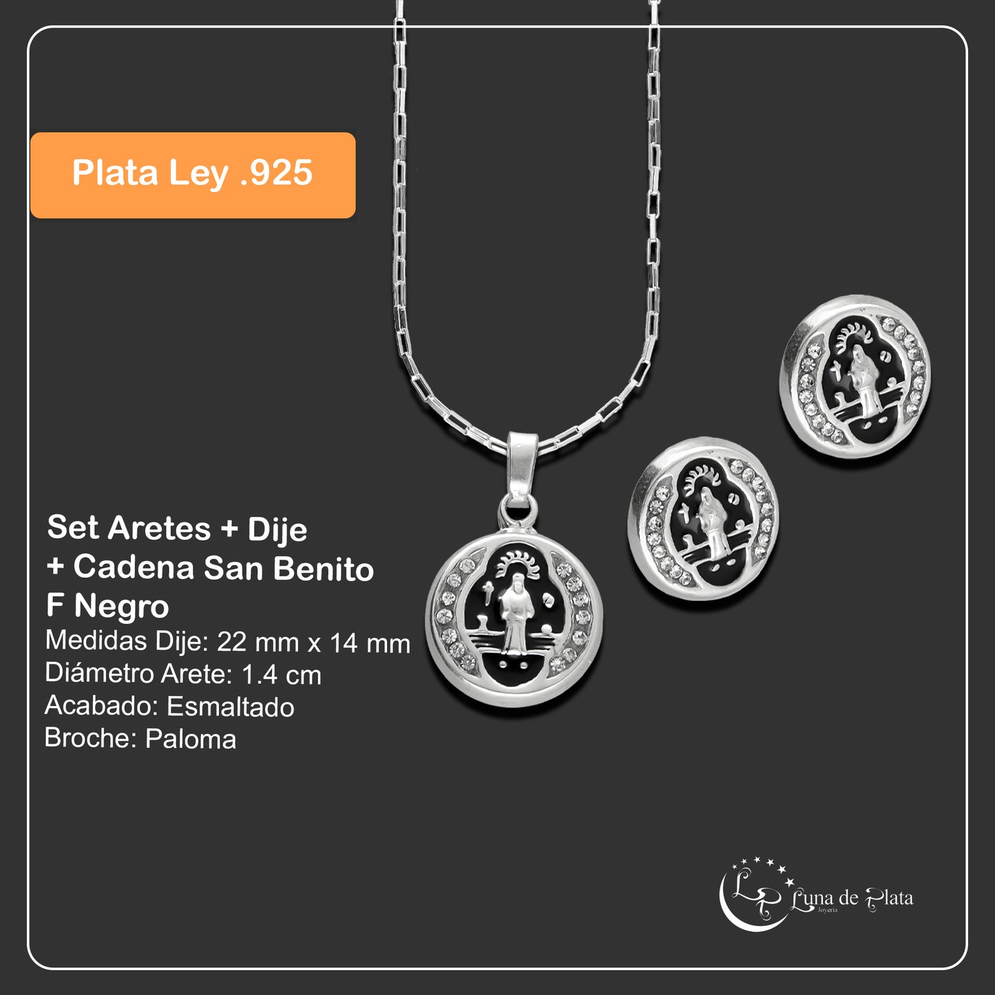 LPADJ062 Set Aretes + Dije + Cadena San Benito F Negro en Plata Ley .925 2086325669