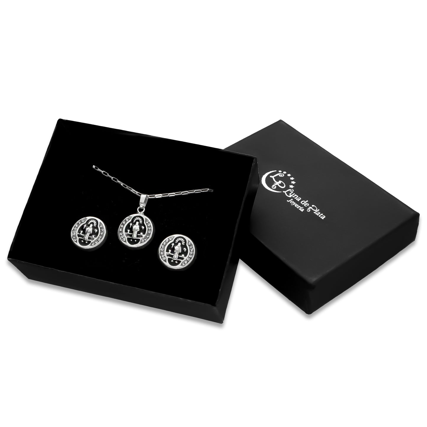 LPADJ062 Set Aretes + Dije + Cadena San Benito F Negro en Plata Ley .925 2086325669