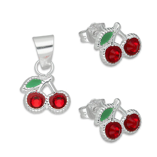 LPADJ064 Set de Aretes y Dije Cereza Roja Diámetro 1.6 cm en Plata Ley .925