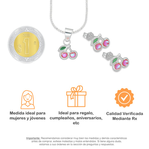 LPADJ065 Set Aretes + Dije + Cadena Cereza Rosa Iris Diámetro 1.6 cm en Plata Ley .925