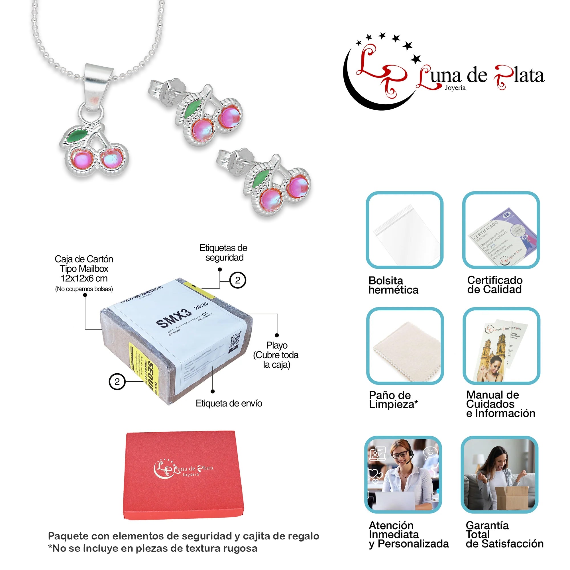 LPADJ065 Set Aretes + Dije + Cadena Cereza Rosa Iris Diámetro 1.6 cm en Plata Ley .925