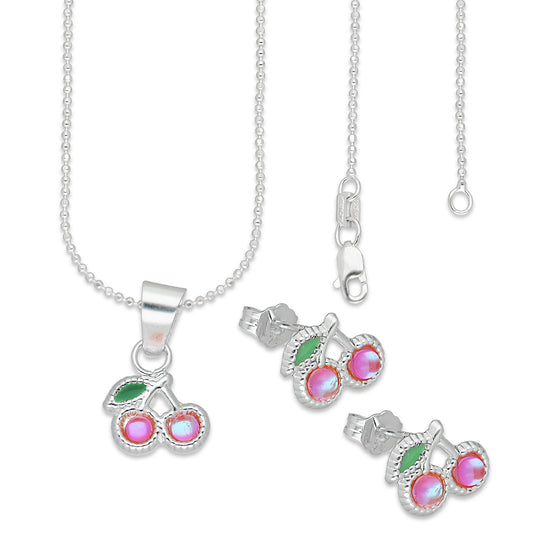 LPADJ065 Set Aretes + Dije + Cadena Cereza Rosa Iris Diámetro 1.6 cm en Plata Ley .925